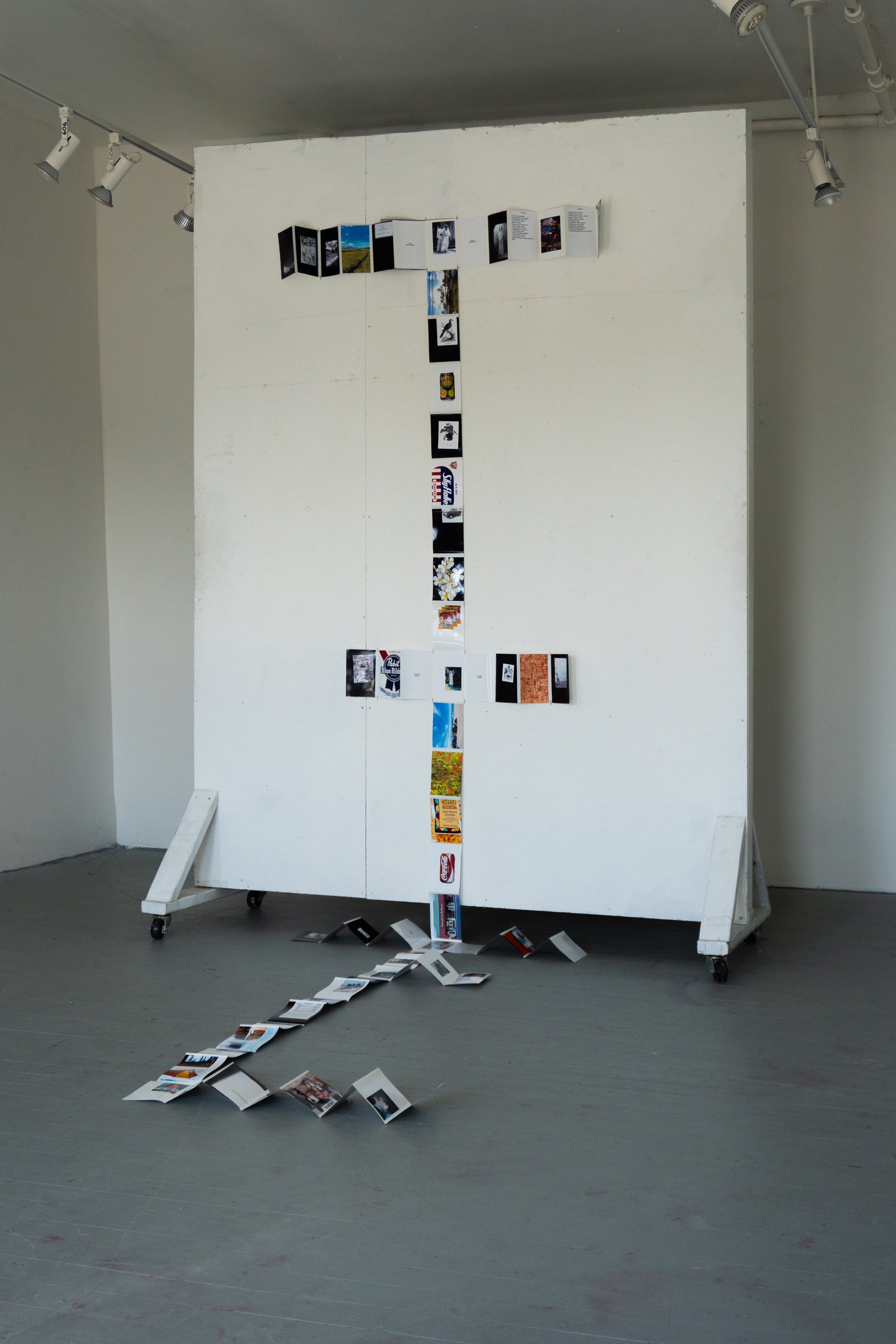 Gallery installation featuring an accordion style book, which has been folded out to create a cross-pattern wall display of photographs which flow onto the gallery floor.
