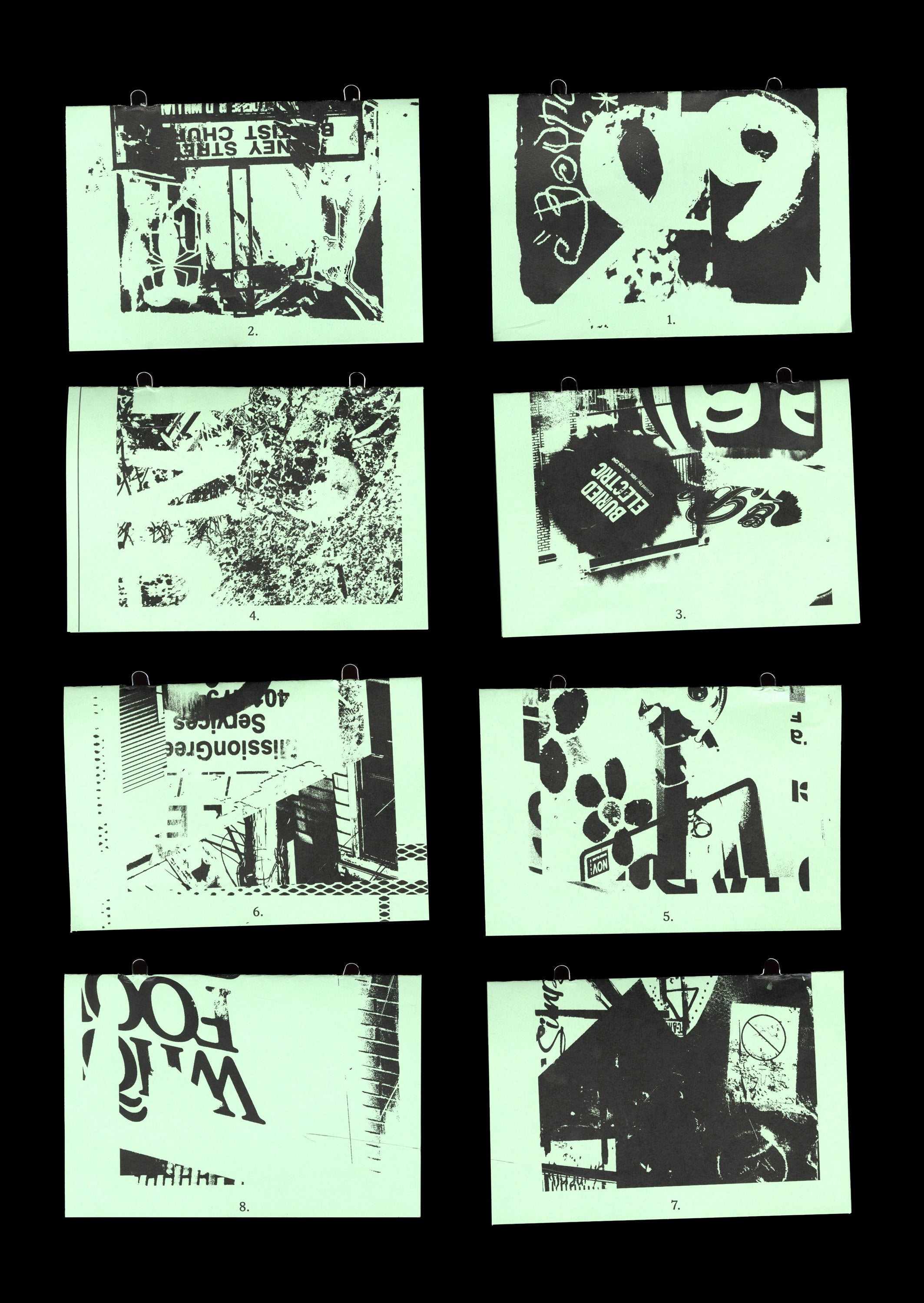 Grid of eight scanned zine pages on mint green paper featuring high-contrast black and white photography, typography, and collage with varied layouts and experimental design aesthetic.