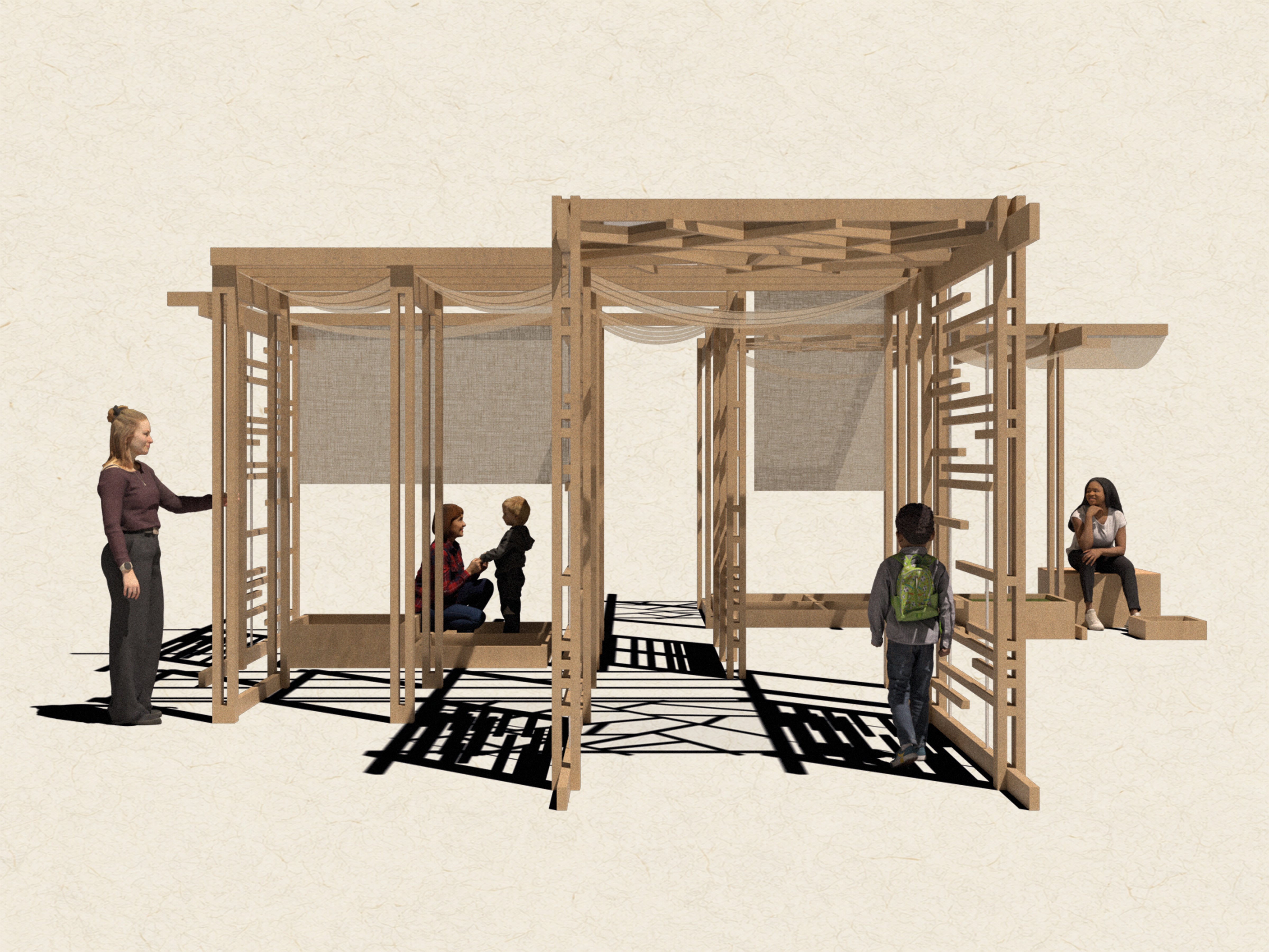 Render of the wooden module with shadows and human figures, some sitting, some walking, some touching. Background is rice paper like. Style stimulates old ink painting. 