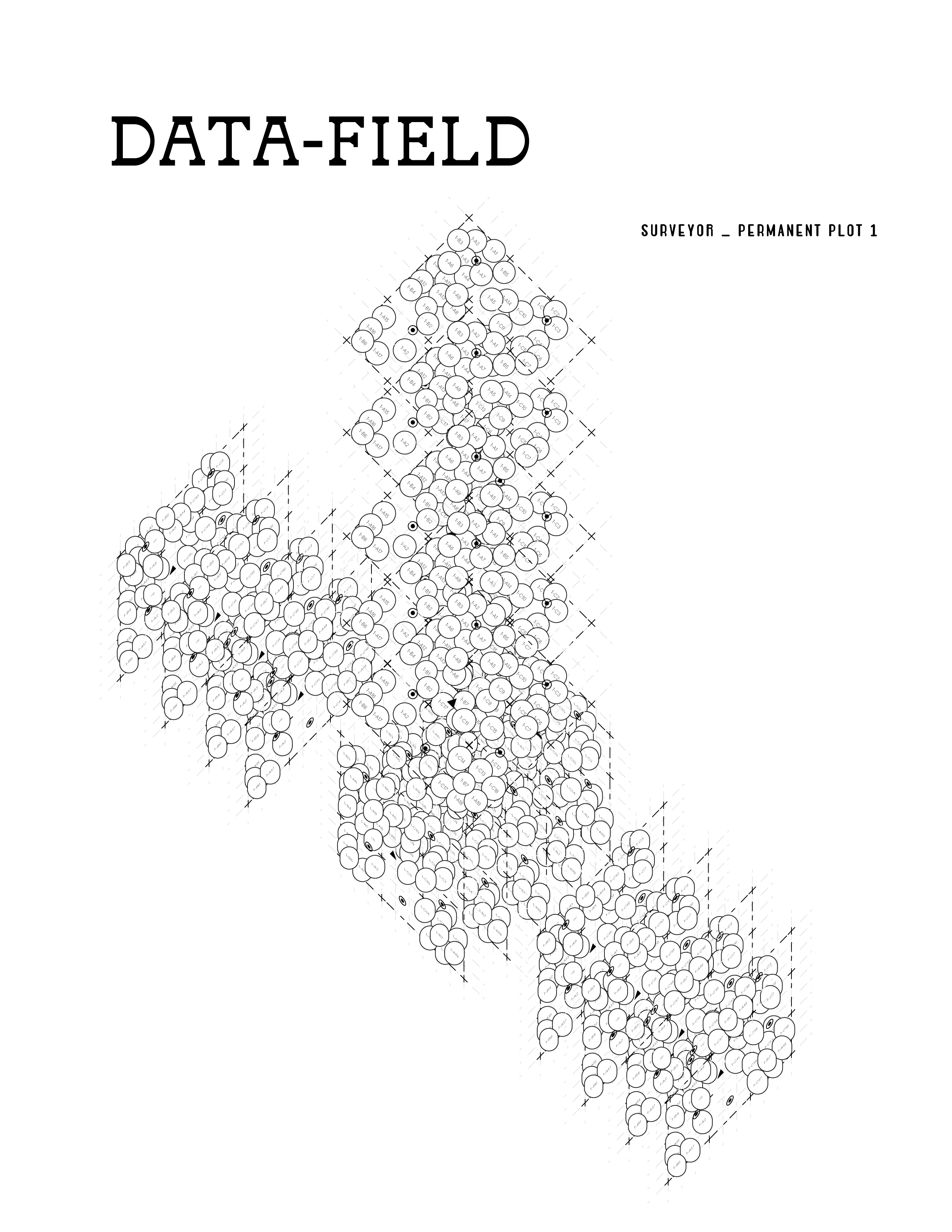 Axonometric environmental data visualization composed of layered grids and hundreds of circular markers, representing environmental data collection and mapping within the project.