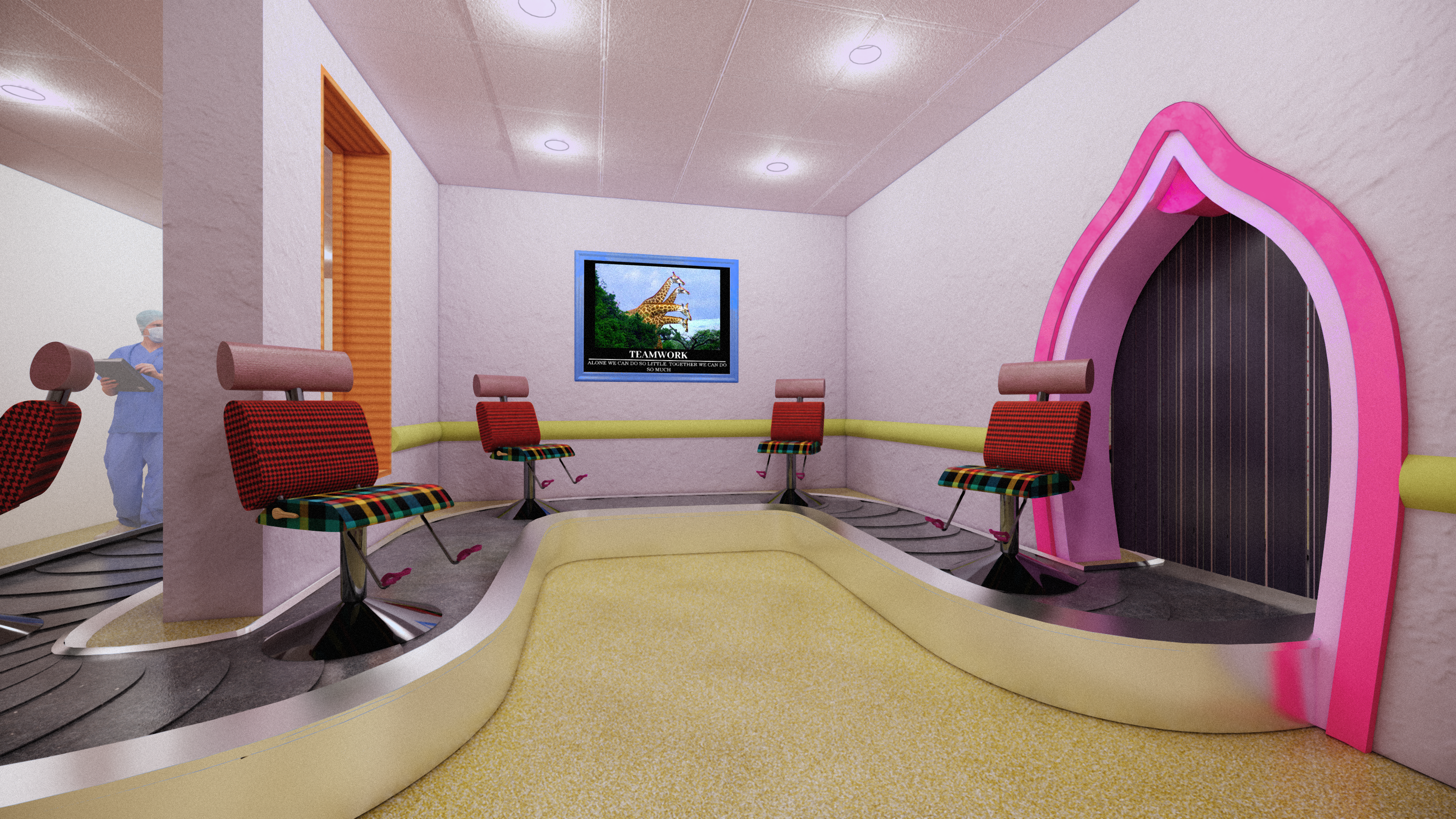 Digitally rendered image of what looks like a baggage carousel wrapping around the walls of a waiting room and through a doorway with hot pink molding, shaped vaguely like a vagina. Rubber flaps hang in the doorway to separate the waiting room from what's on the other side. On the carousel are five evenly spaced, up-right gynecological exam chairs complete with stirrups. The exam chairs are upholstered with mauve colored leather head rests, red and black houndstooth seat back, and a plaid seat. Walls are li