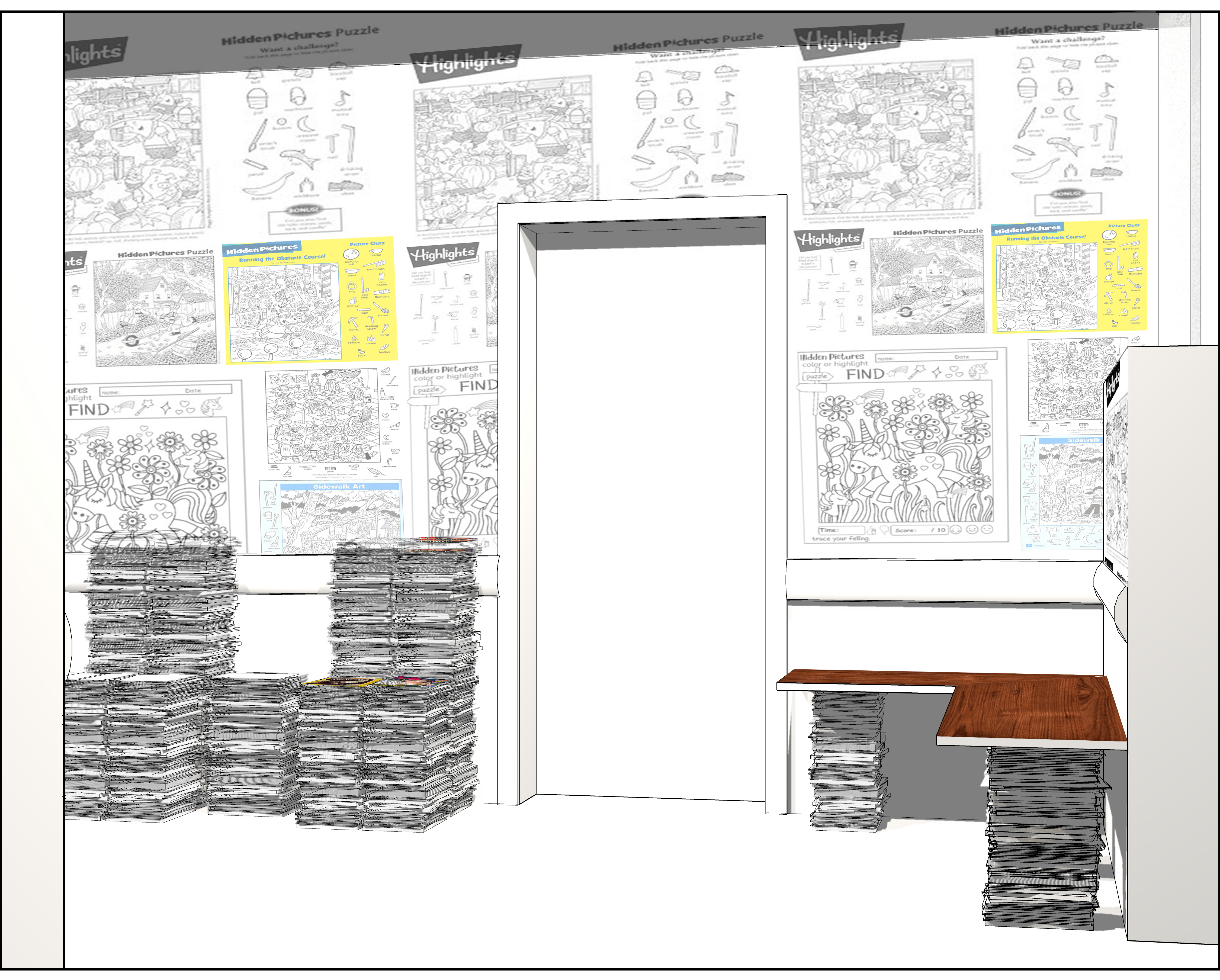 Digitally rendered image of a wall in a waiting room. The image shows a wall with a door in the center. Along the wall are stacks of magazines stacked in a way that makes them look like chairs. There are two magazines chairs to the left of the door - two stacks of magazines make up the seat and two more stacks behind that make up the seat back. To the right of the door there are stacks of magazines and a wooded board across them to make a bench.