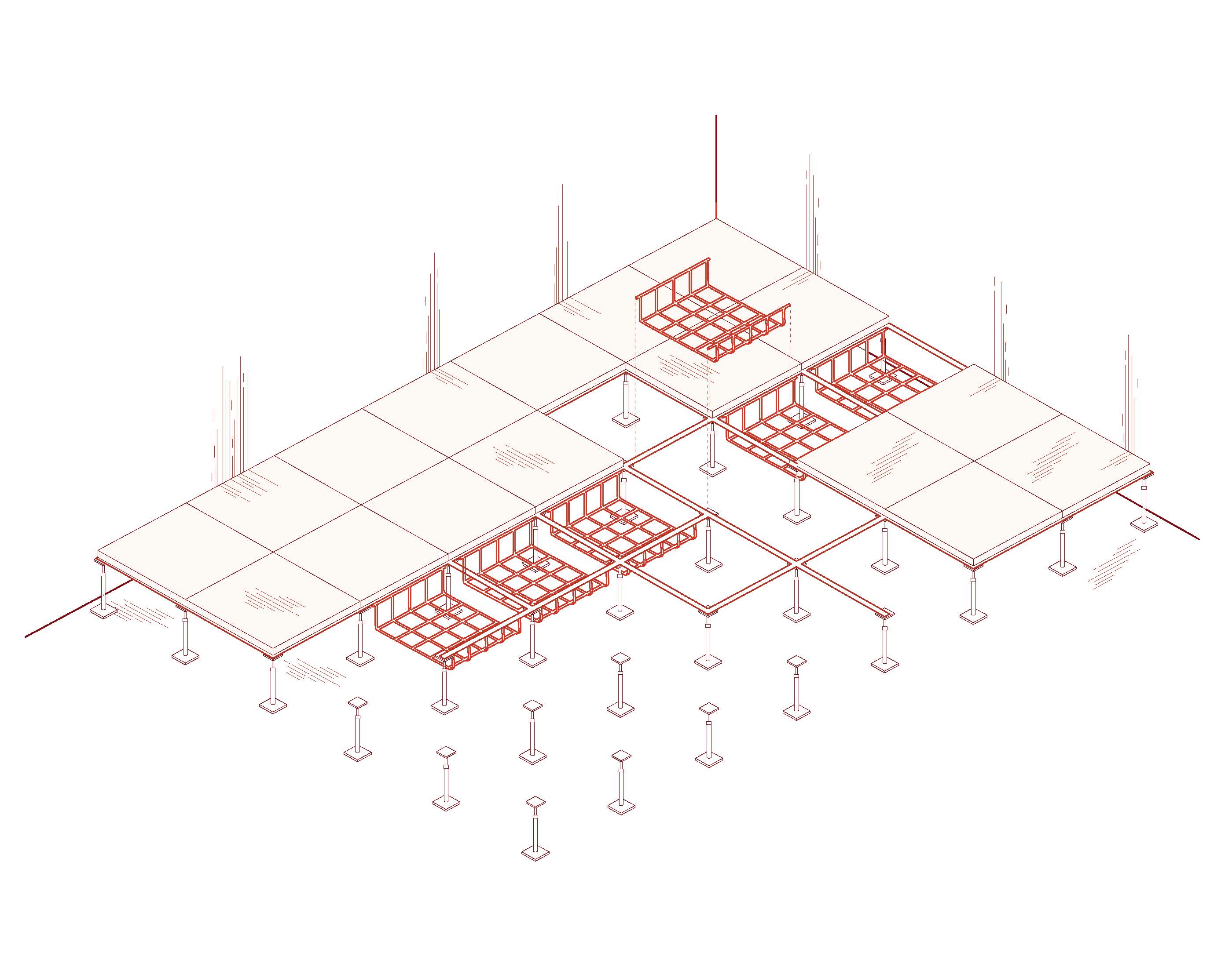Isometric line drawing of a raised access floor platform. Adjustable metal pedestals support a floor panels with stringers and interior storage racks.