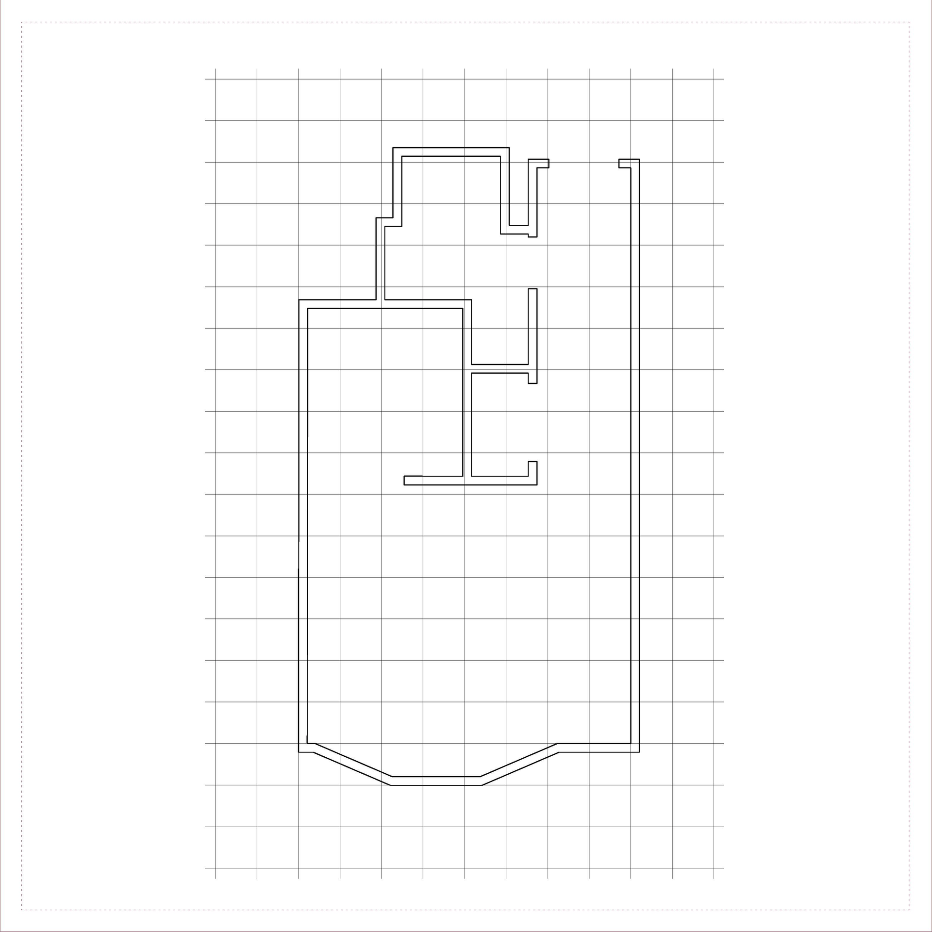 Plan, section, and axonometric line drawing of a raised access floor. A rectangular perimeter on a grid with internal cutouts and channel openings.