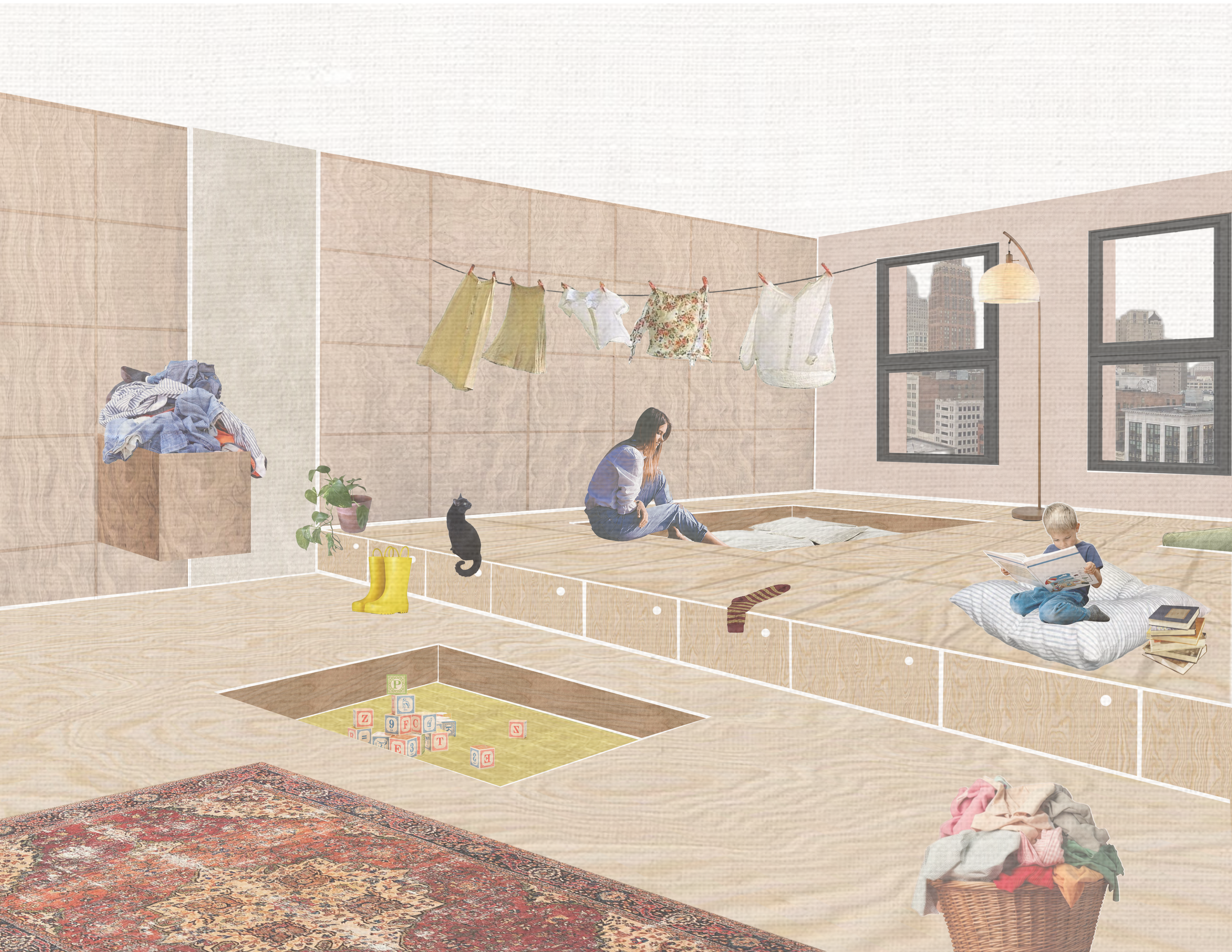 Collage of a room that has access flow raised to produce a sunken effect : woman seated, child reading, laundry hanging, cat nearby, storage drawers, play pit with blocks, and city view through windows.