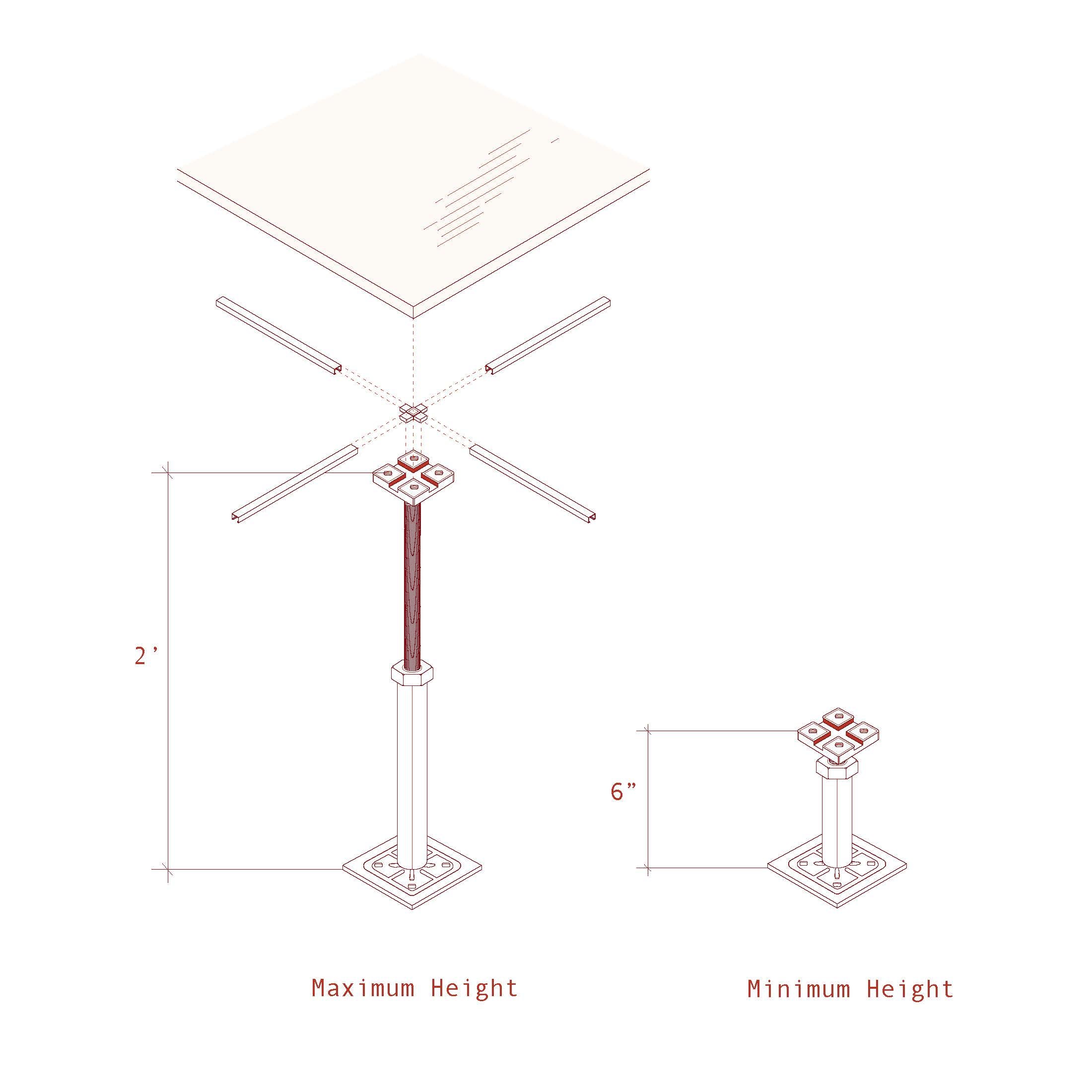 Exploded diagram of adjustable access floor pedestal showing components, with maximum height 2 feet and minimum height 6 inches.