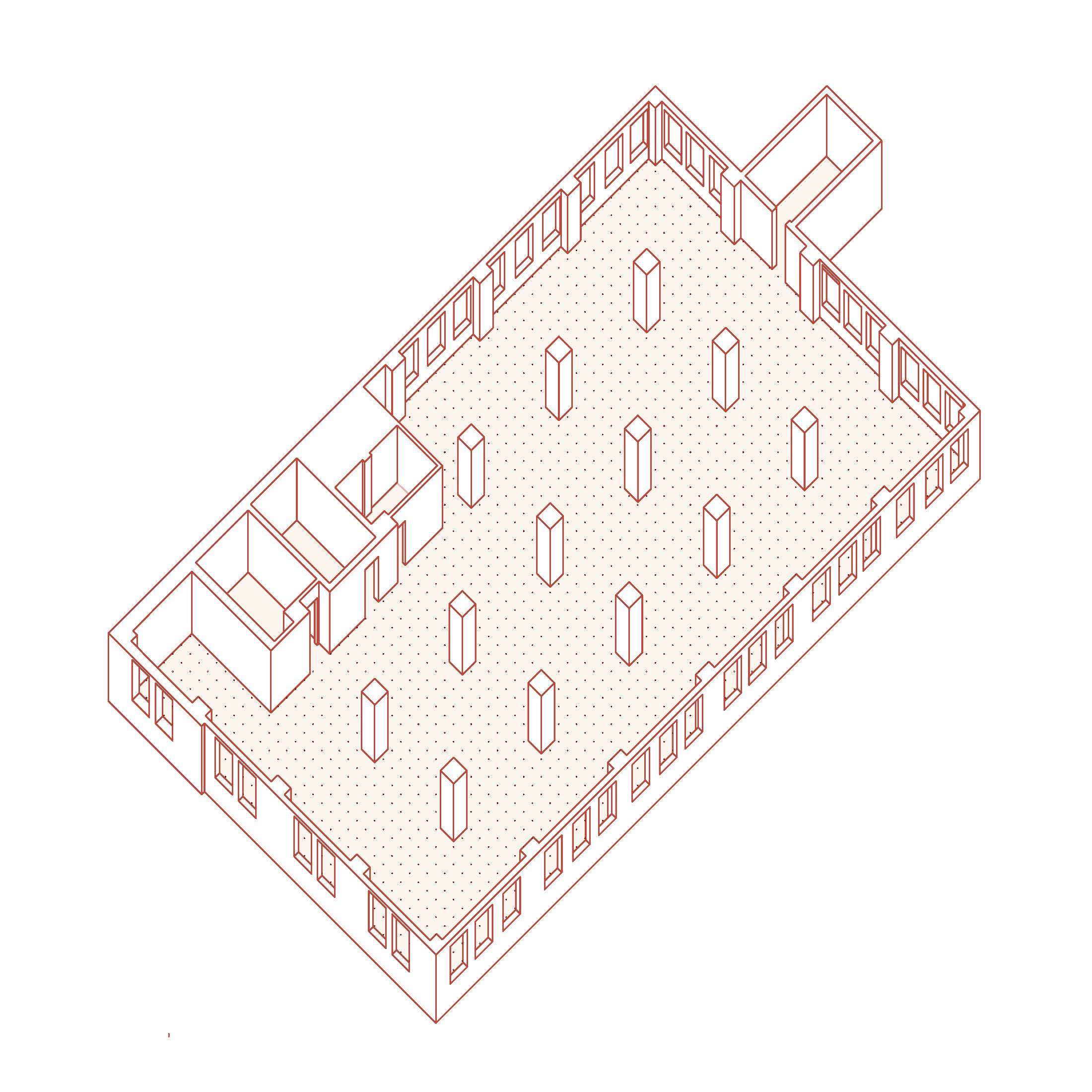 Axonometric line drawing of building:  think walls outline the floor, large columns, and grid system of the existing access floor cover the ground