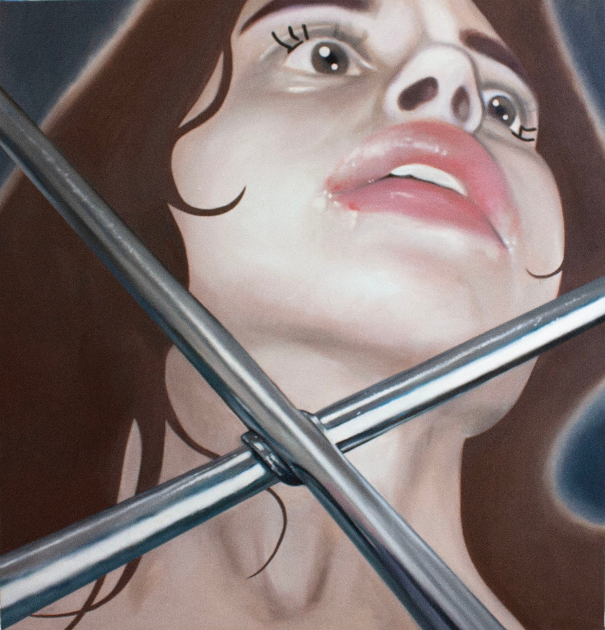 Close-up oil painting of a woman's face. She is leaning backwards, and there is a lug-wrench in front of her face occupying the foreground of the image.