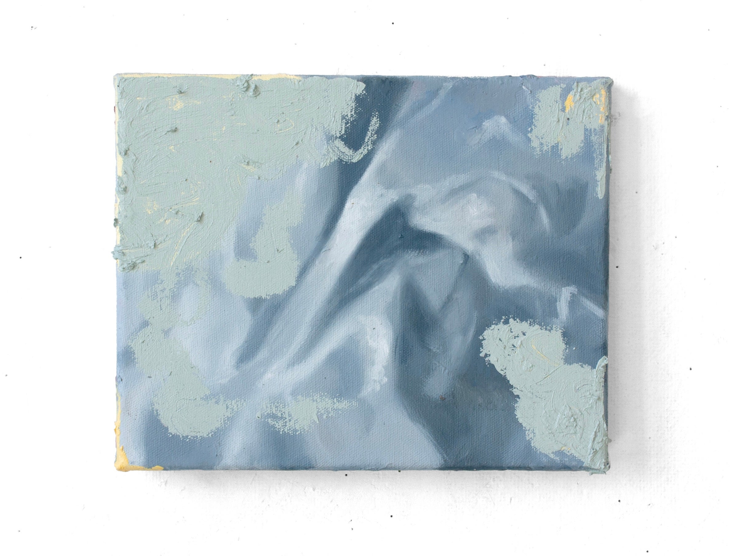 A small painting of tissue paper with light sage green abstract, impasto marks on top.