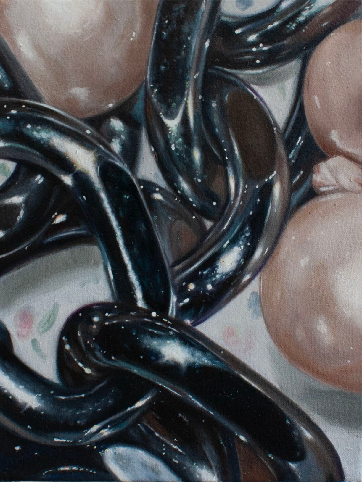 Small, close-up painting of pearls and chains scattered on a floral bedsheet.