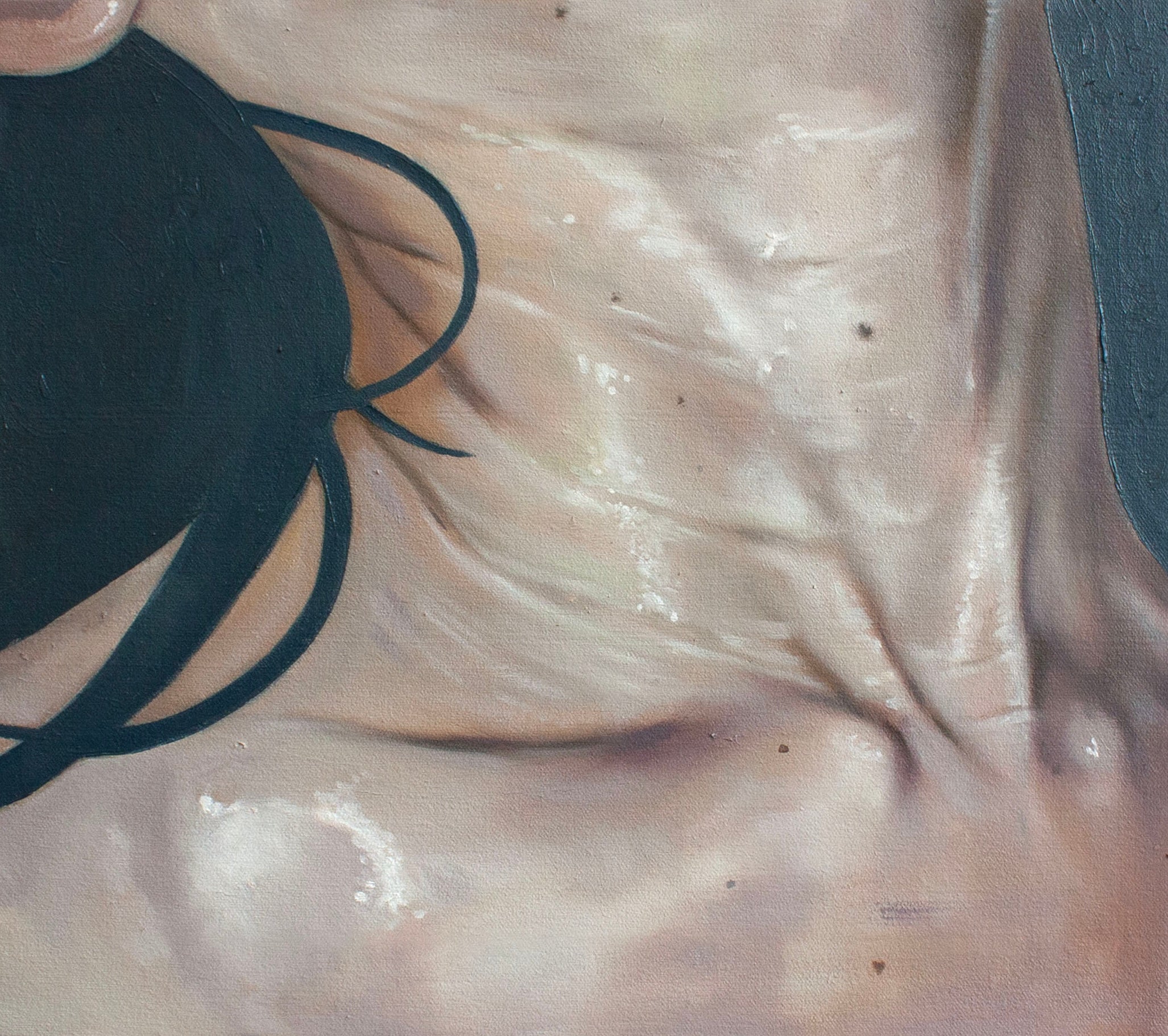 Painting of a neck stretched backwards with muscles and tendons flexed. It appears slightly wet, and hair is brushing against it painted in flat, dark blue/grey color.