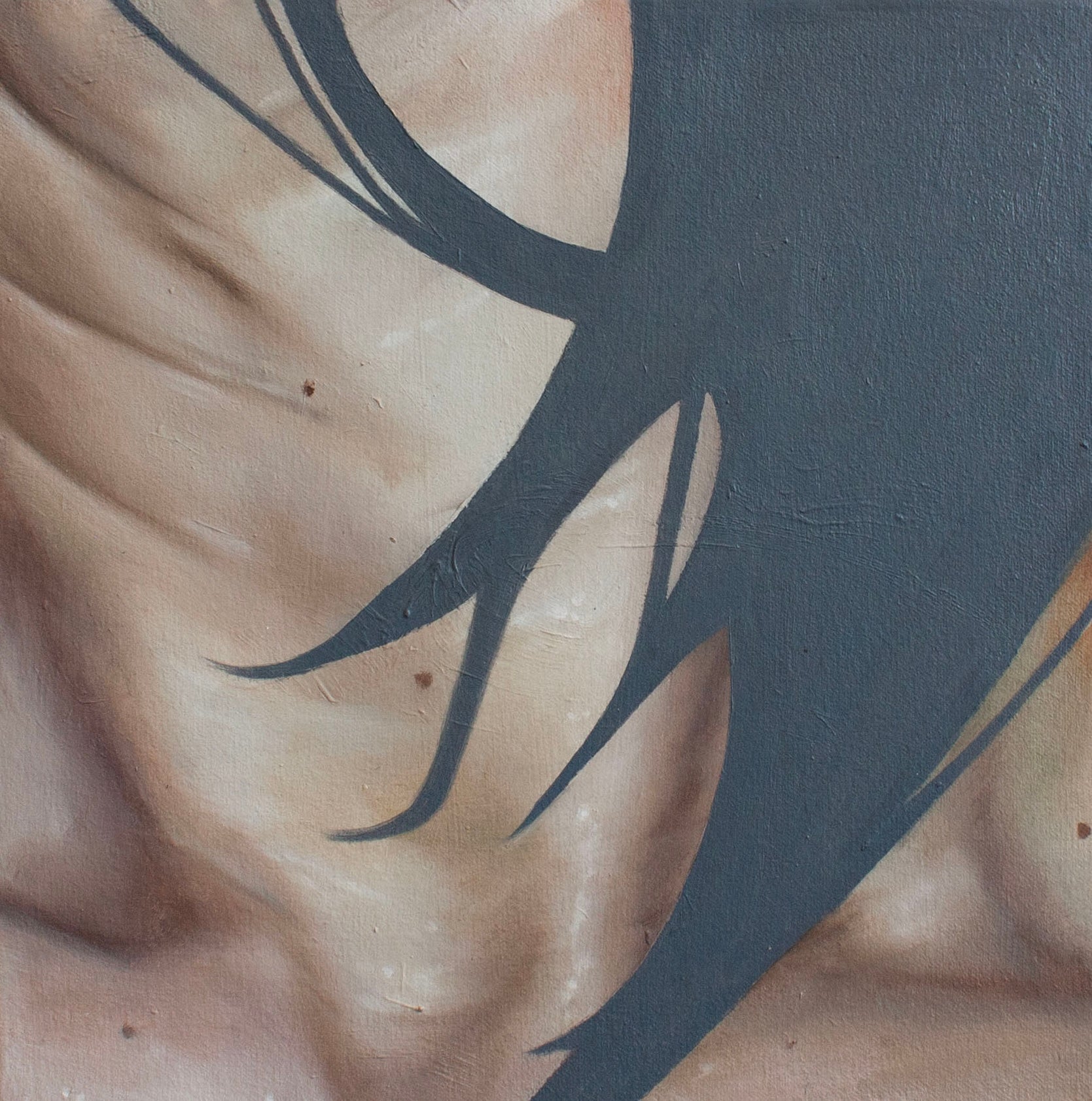 Painting of a neck with muscles and tendons flexed. It appears slightly wet, and hair is brushing against it painted in flat, dark blue/grey color.