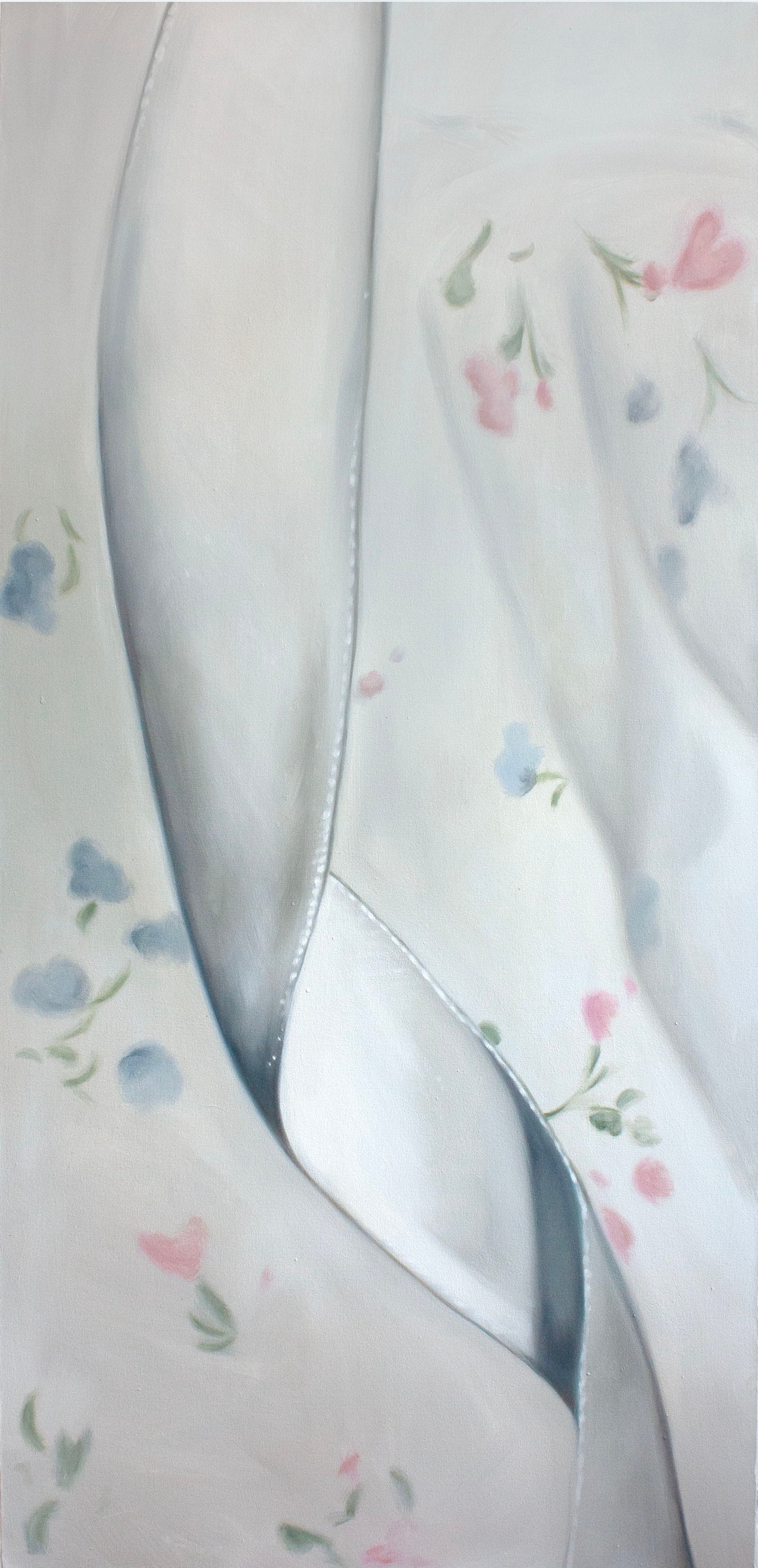 A tall and narrow painting of a floral patterned fabric with a close up of a single white ribbon in the foreground.
