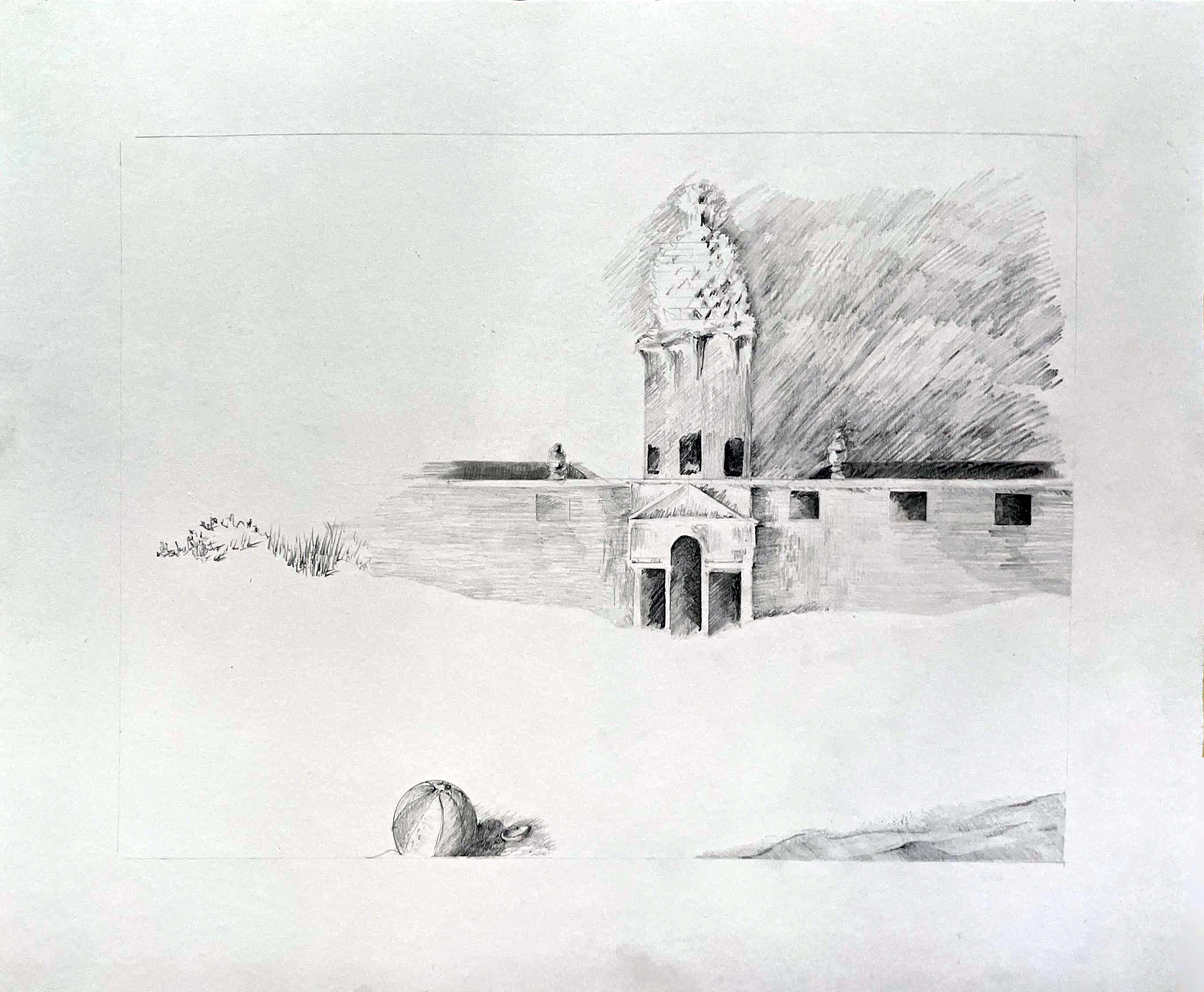 Beach Folly: Graphite drawing of a famous Scottish folly reimagined as emerging from sand dunes in Narragansett