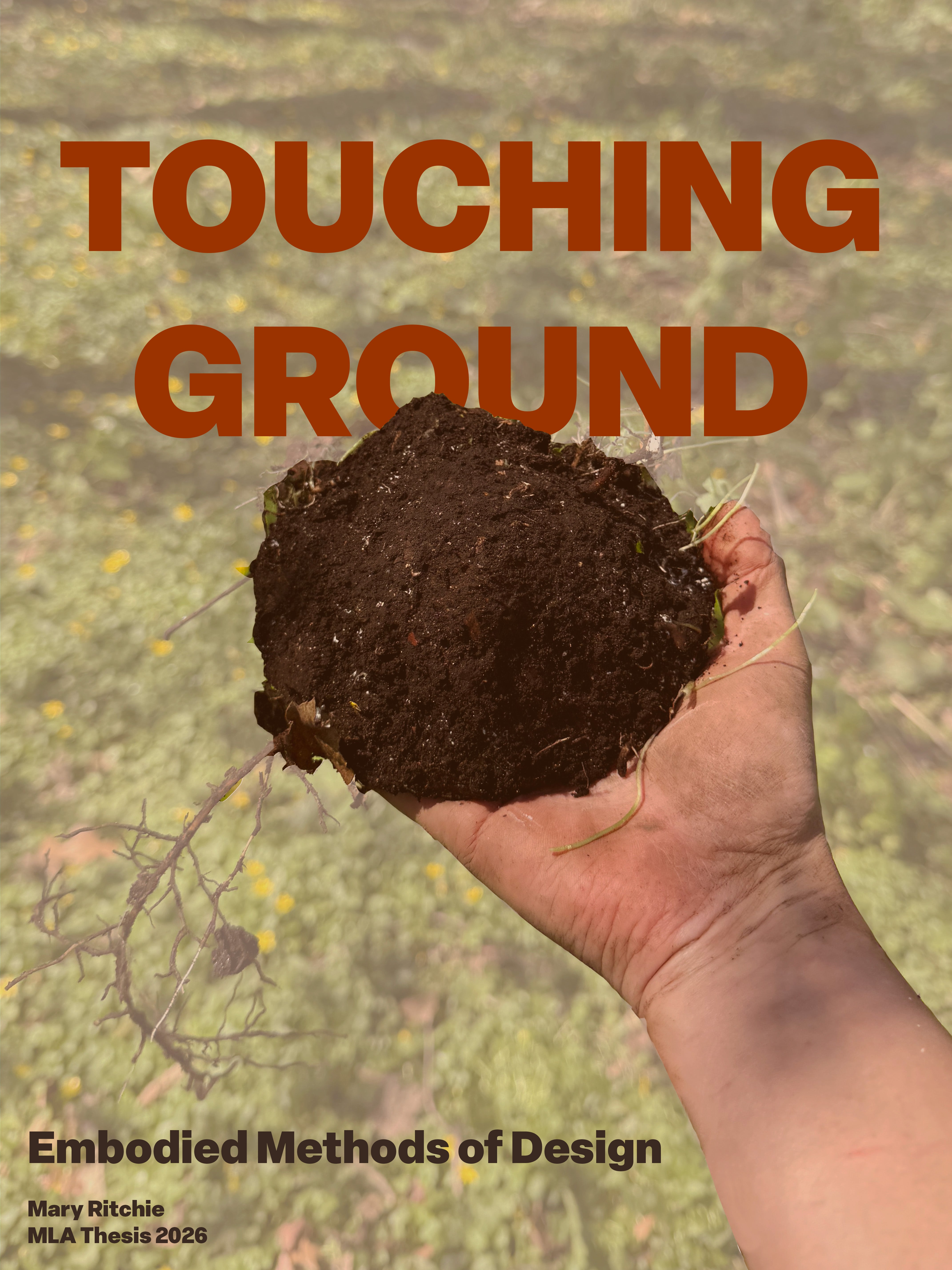 A hand holds a clump of soil with exposed roots against a blurred grassy landscape. Large orange text reads “TOUCHING GROUND,” with smaller text below reading “Embodied Methods of Design,” “Mary Ritchie,” and “MLA Thesis 2026.”