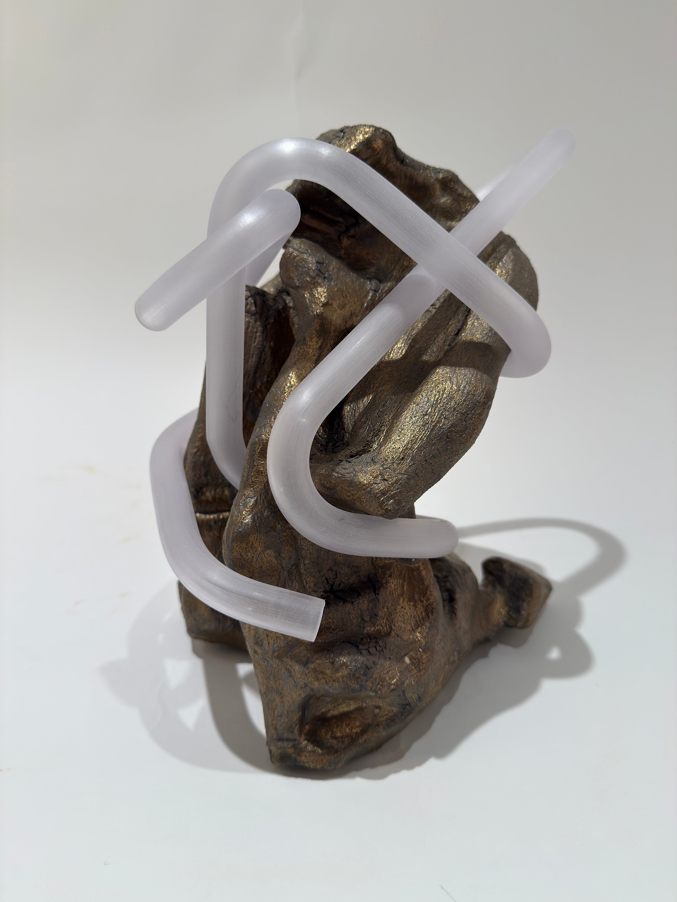 Smooth tubes wrap around a large squished piece of solid clay with a texture of bronze bark.