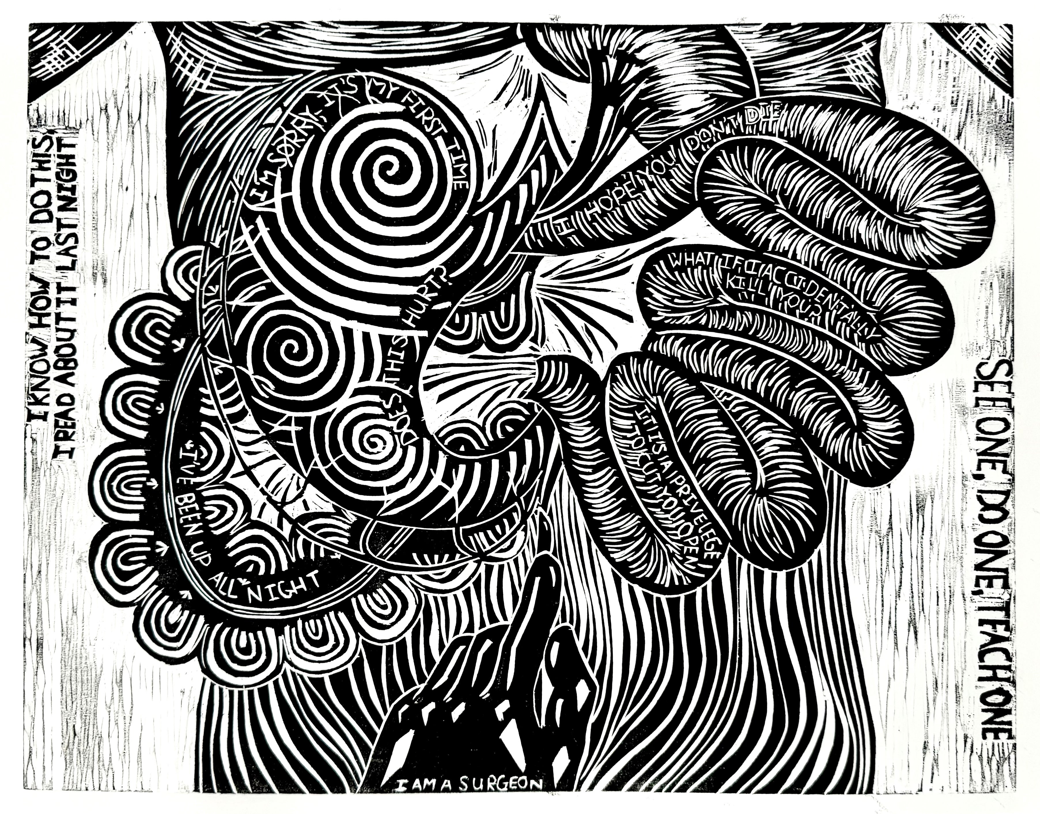 Woodcut relief print on paper showing patterned organs emerging from the abdomen