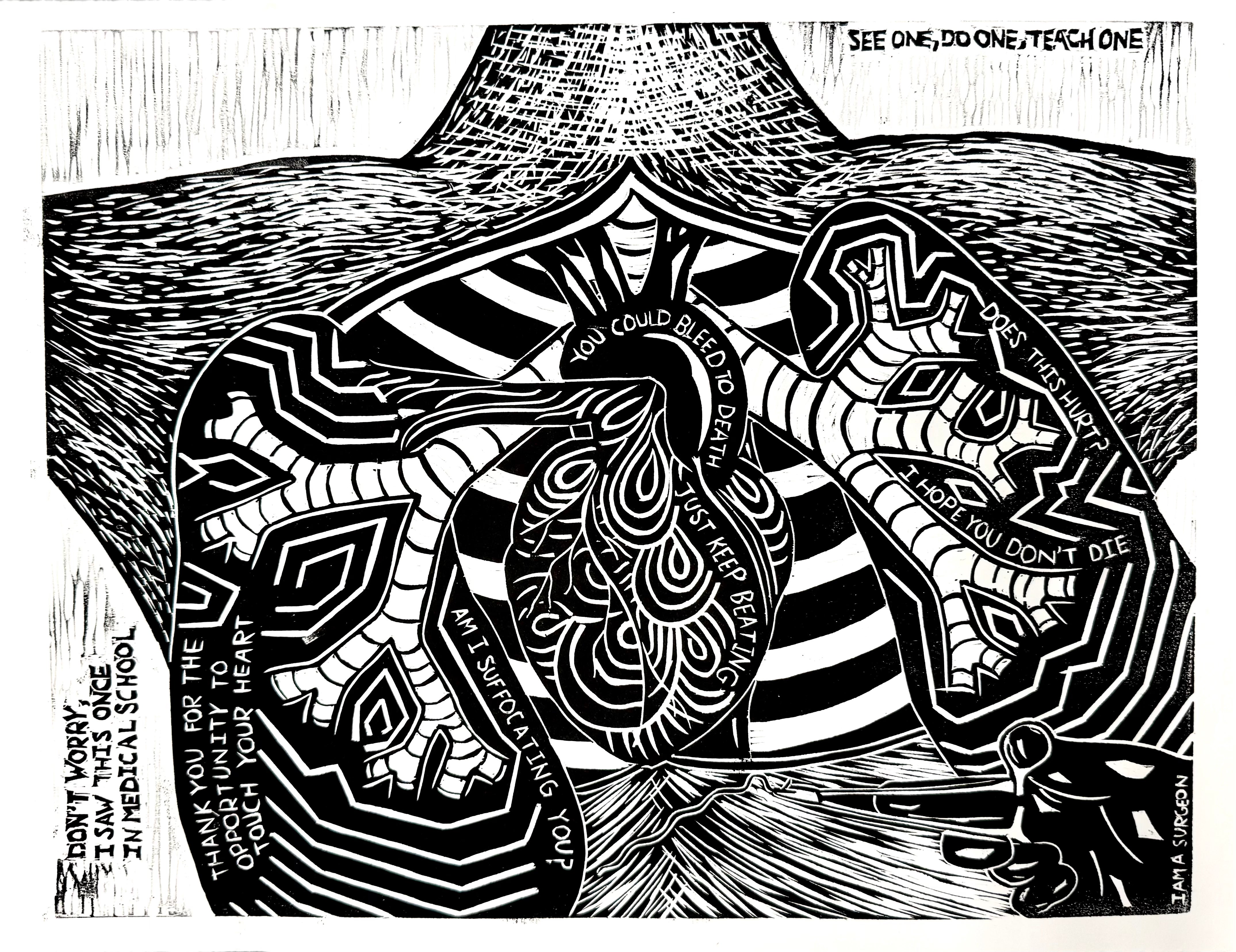Woodcut relief print on paper showing patterned organs emerging from the chest
