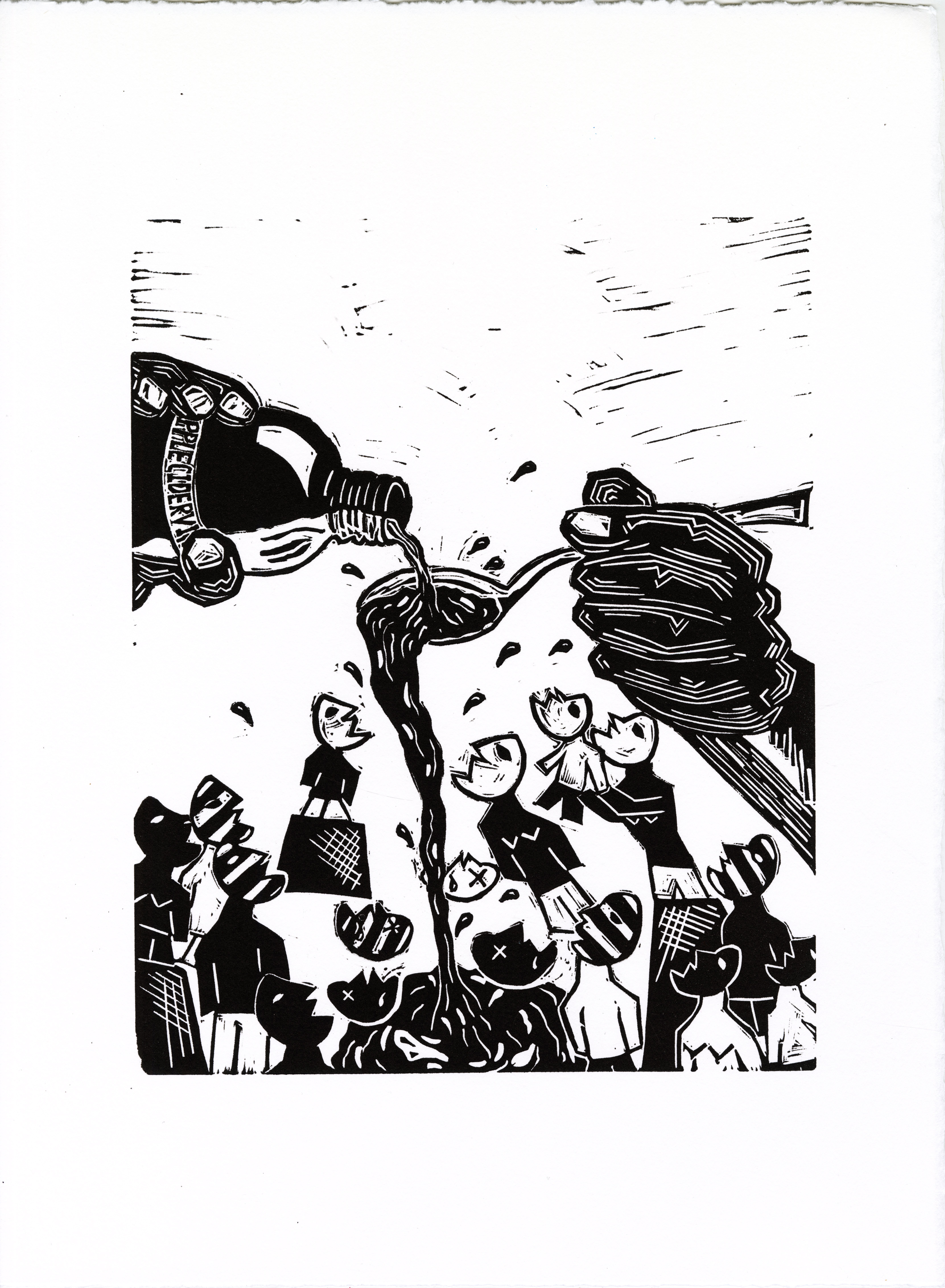 Linocut on paper with humanoid figures drinking poured apple cider vinegar, a purported panacea
