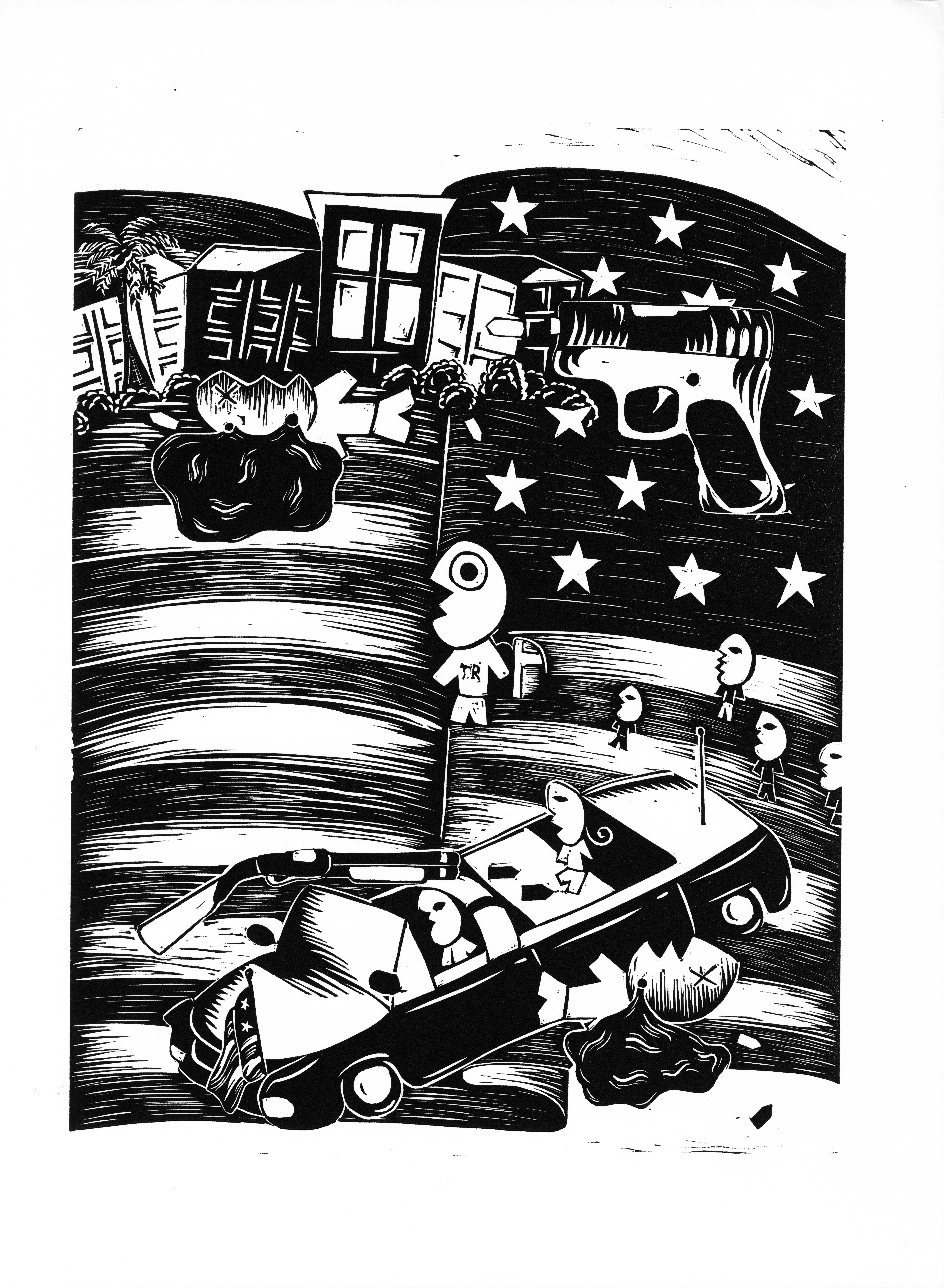 Linocut on paper with RFK Jr. as a child in the center watching RFK Sr. and JFK's assassinations 