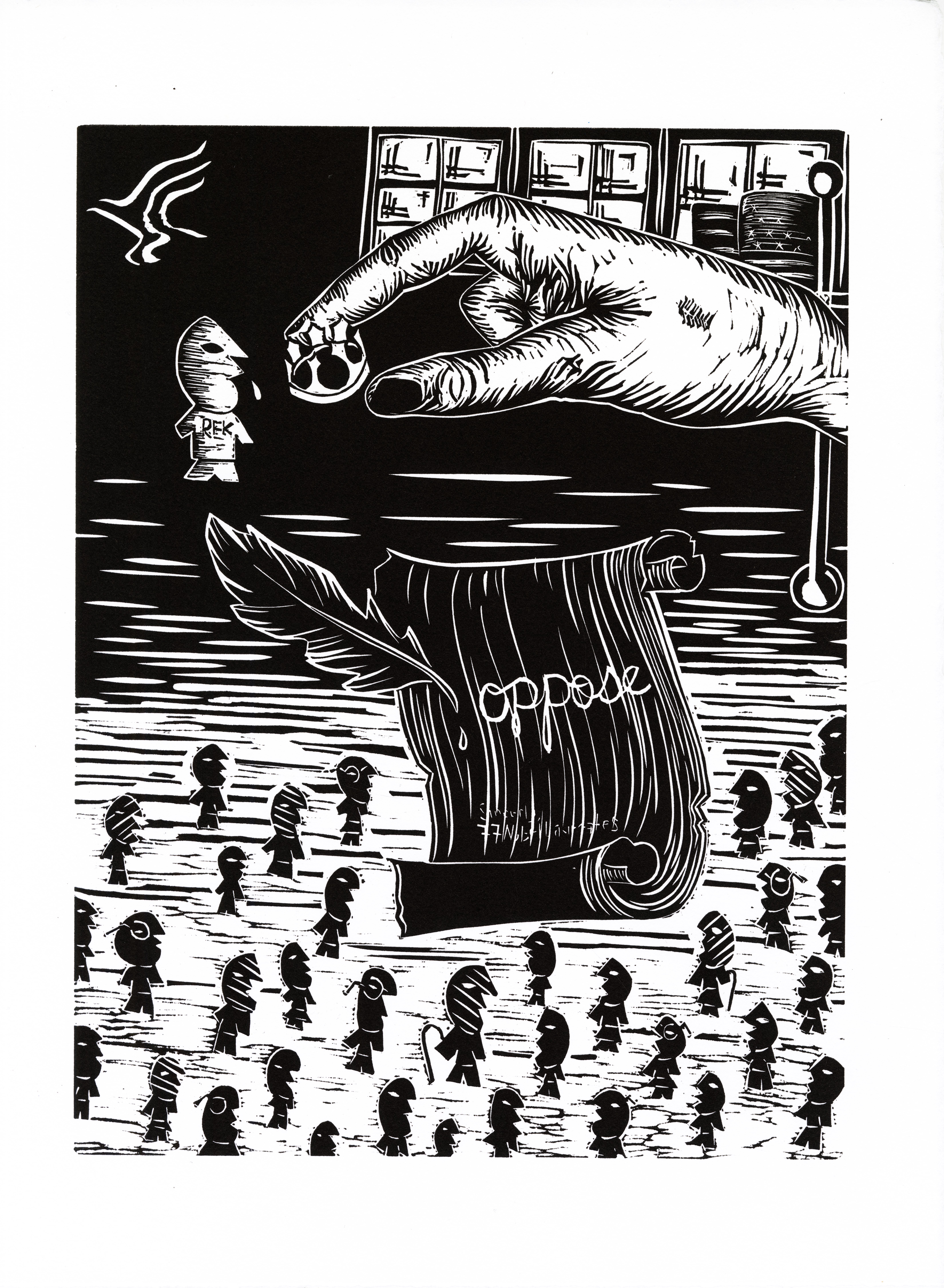 Linocut on paper with letter in opposition to RFK Jr.'s appointment as Secretary of Health
