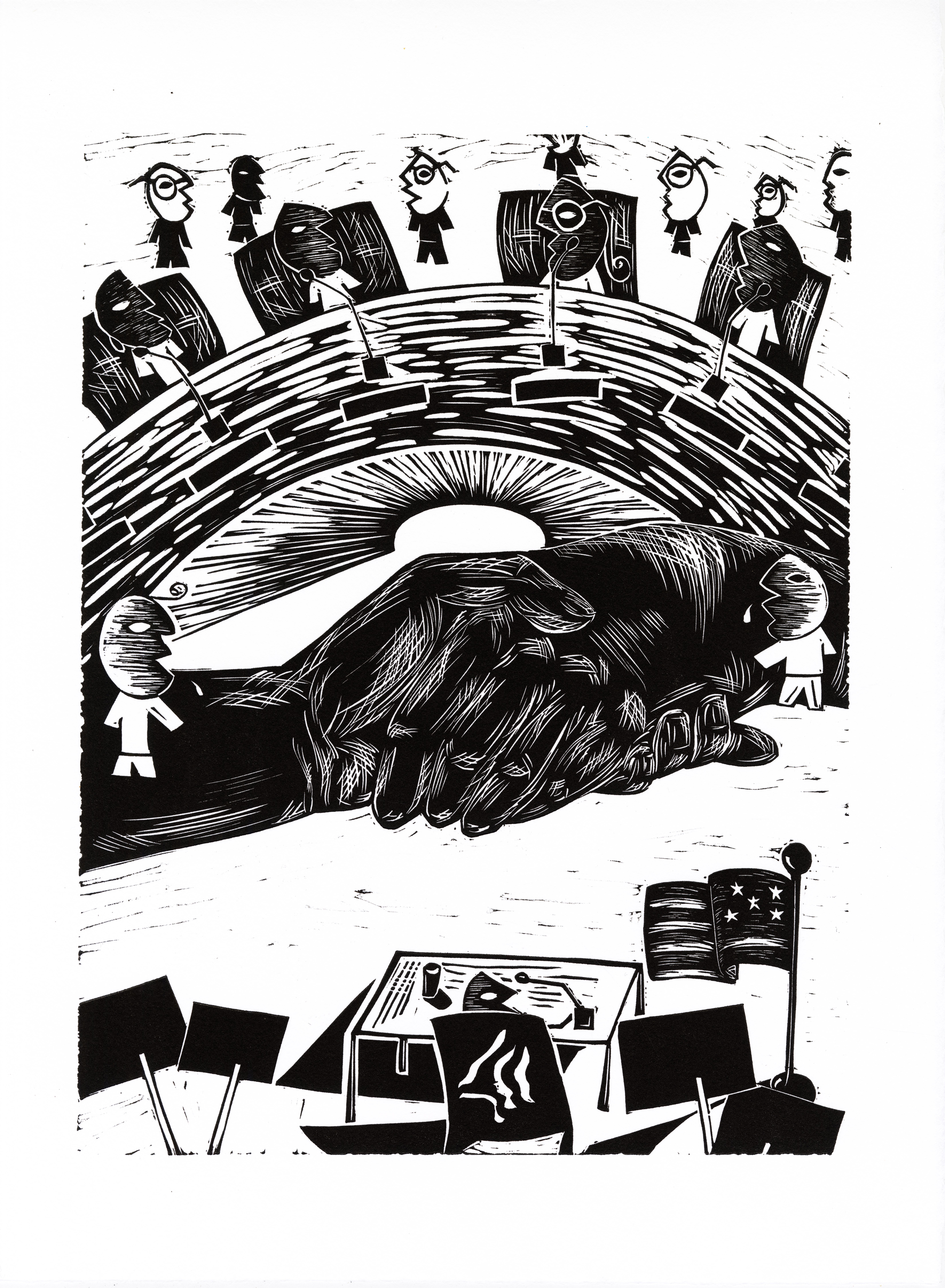 Linocut on paper wtih RFK Jr. interrogated at congressional hearing, handshake with trump to seal the deal of his appointment under the table anyway