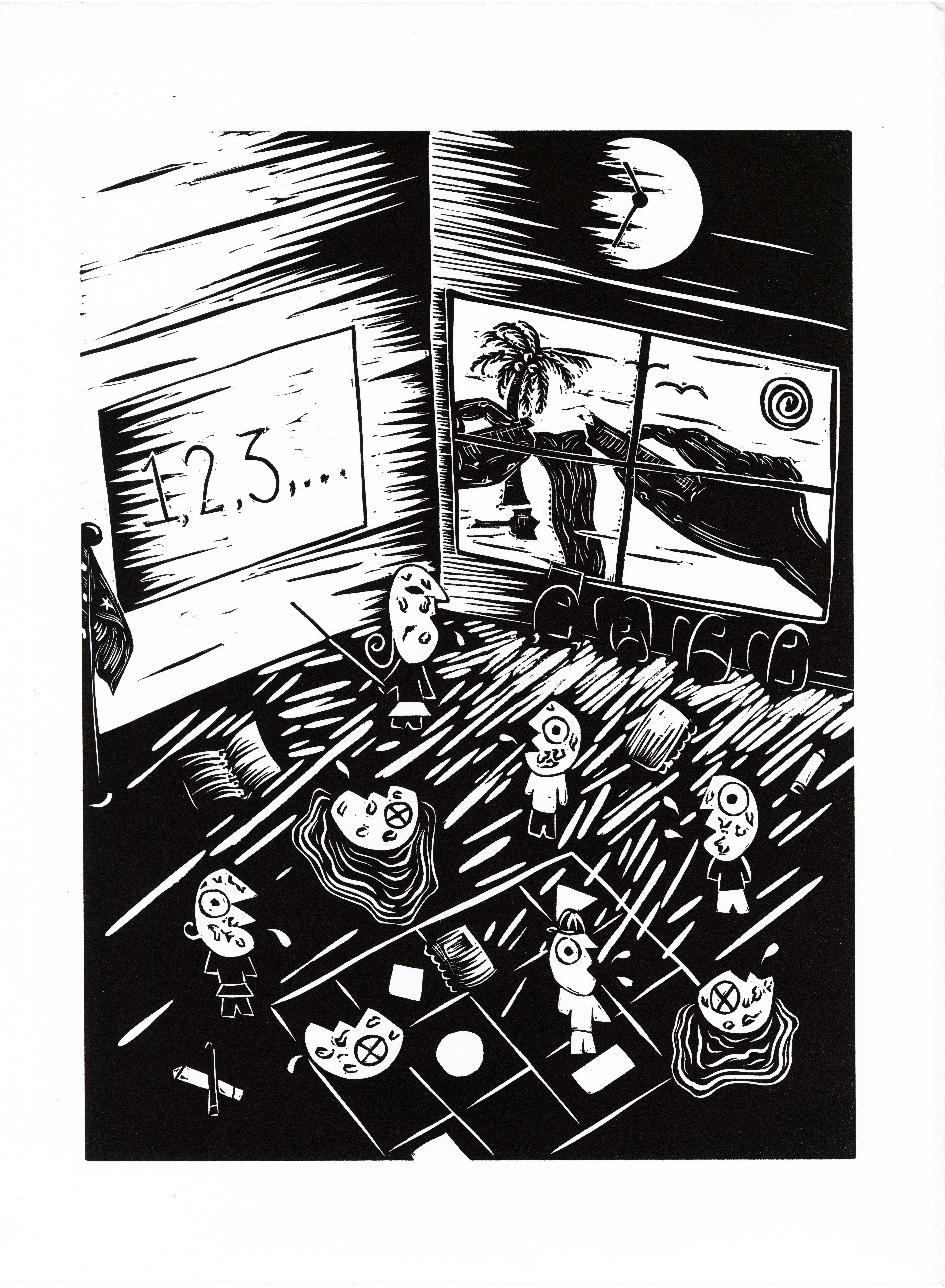 Linocut on paper with children in a classroom of infected children who have vaccine-preventable disease in Florida; vaccine vial broken outside of the classroom window