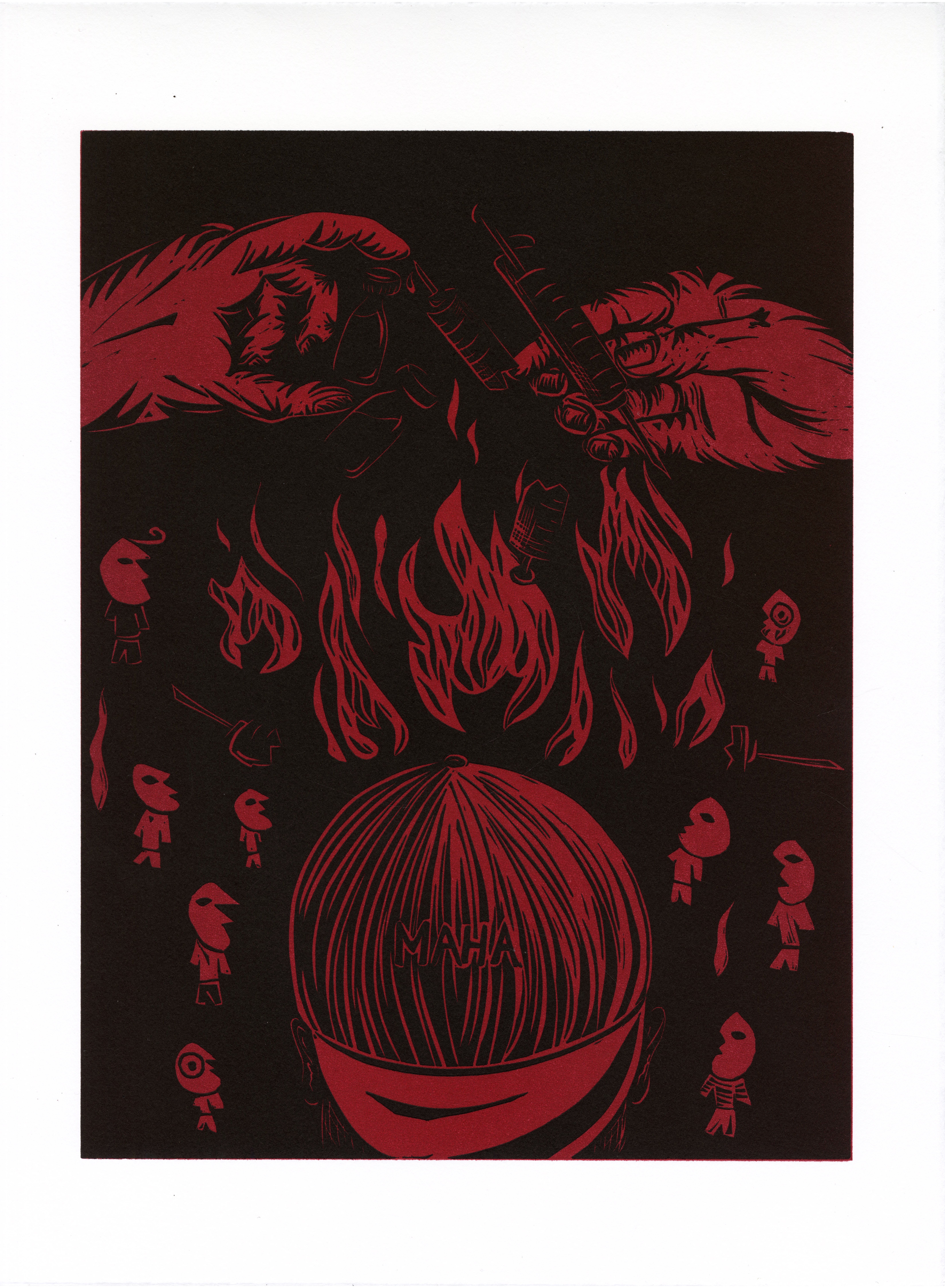 Linocut on paper with layer of red underneath black image of MAHA leader throwing vaccine vials into a fire with humanoid onlookers 
