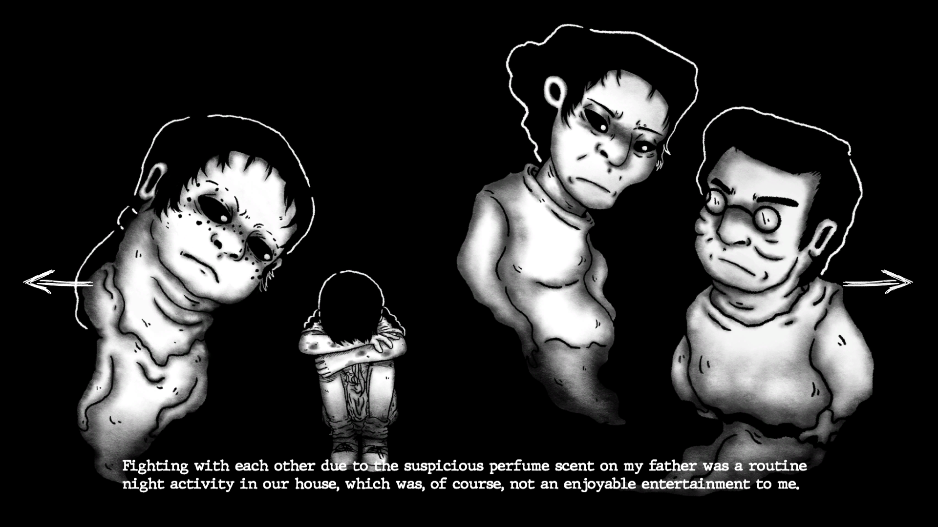 A grayscale digital animation still showing a solitary figure sitting on the ground with their knees pulled tightly to their chest. Distorted supporting characters surround the protagonist, forming an imagined psychological space shaped by emotional pressure and tension. The monochrome palette and surreal composition create an atmosphere of isolation, anxiety, and internal struggle.