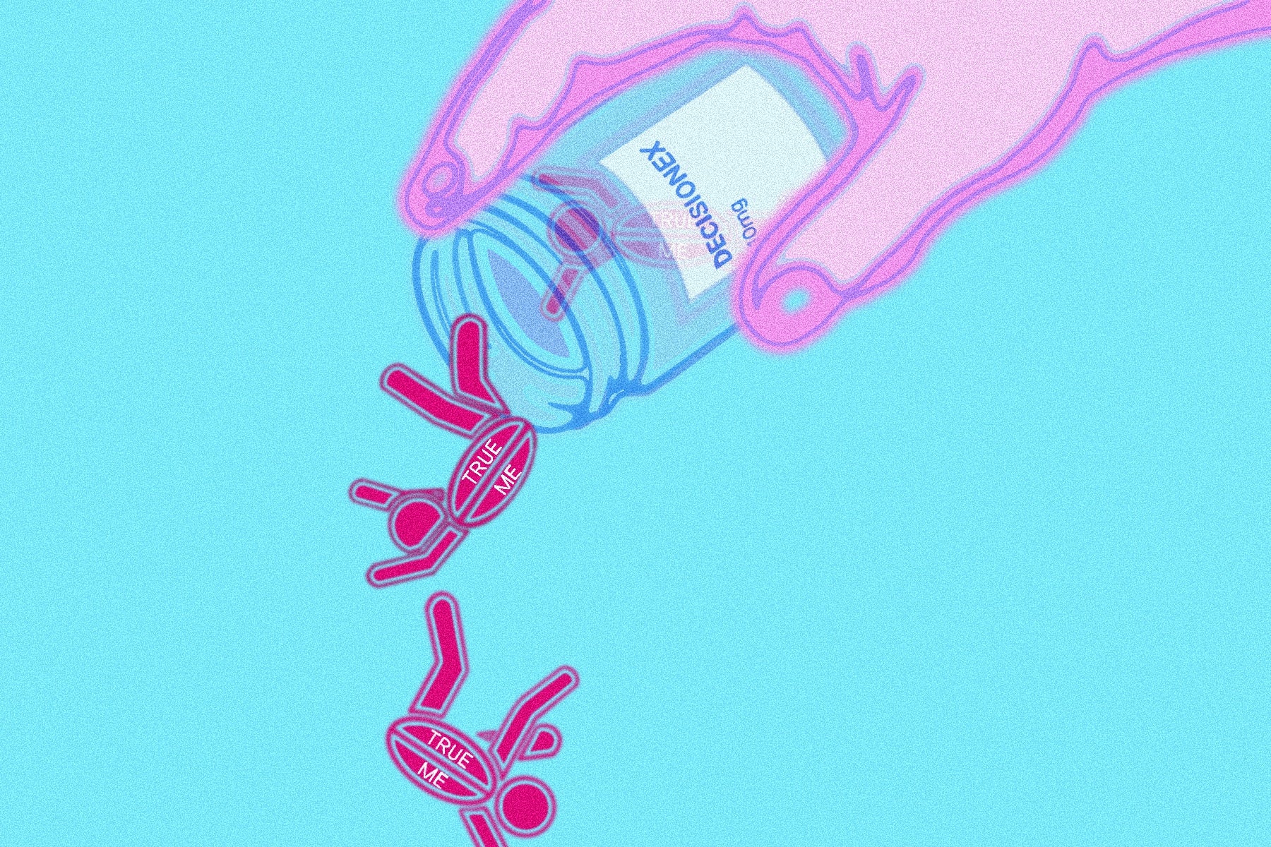 A surreal digital editorial illustration showing a large hand pouring a bottle labeled “DECISIONEX.” Spilling out from the bottle are human-shaped pills marked “TRUE ME.”