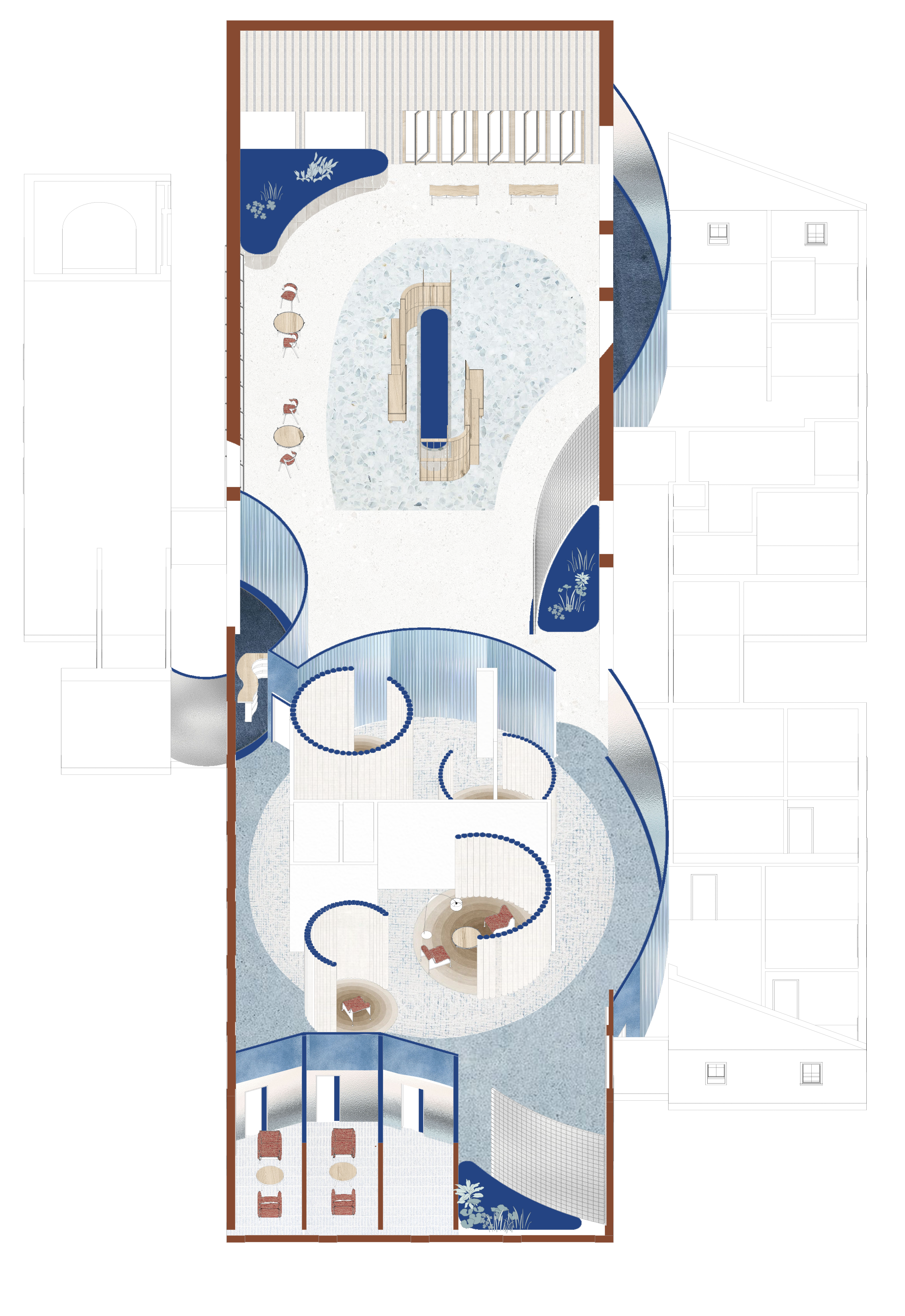 Architectural drawing showing a curving wall flowing through the visitor center, organizing public gathering, classrooms, clinic spaces, and quiet recovery areas.