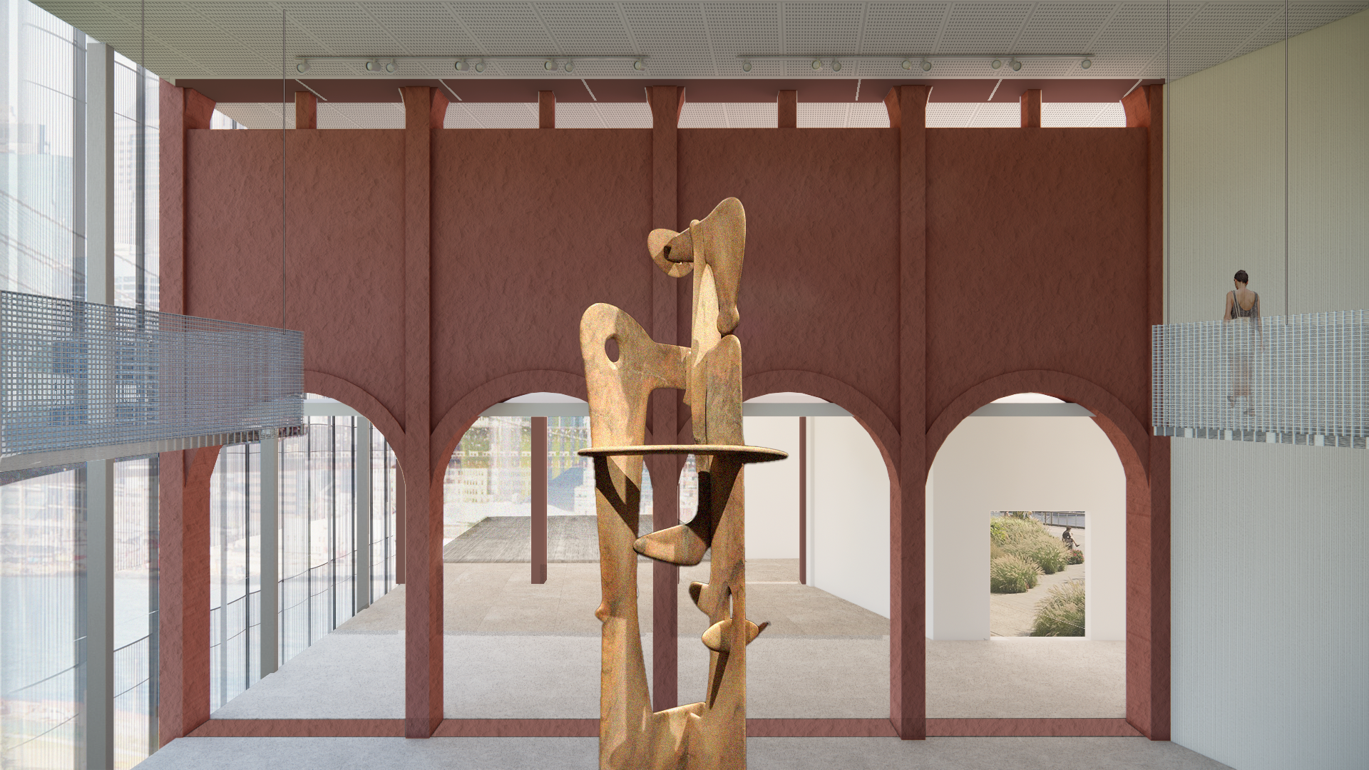 Interior museum view with red arched wall, suspended walkways, glass facade, and central sculpture.
