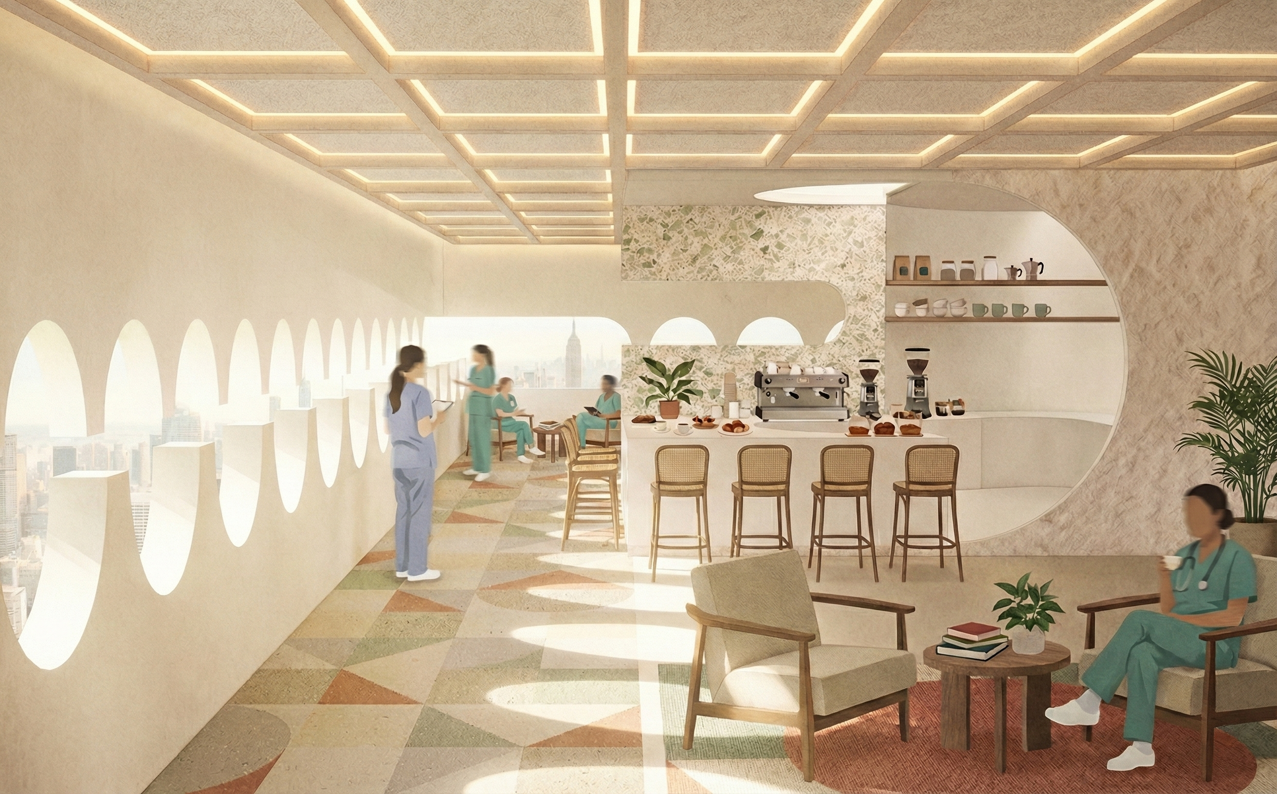 Hospital staff support area with curved openings, soft seating, warm materials, and gentle lighting for rest, circulation, and decompression.