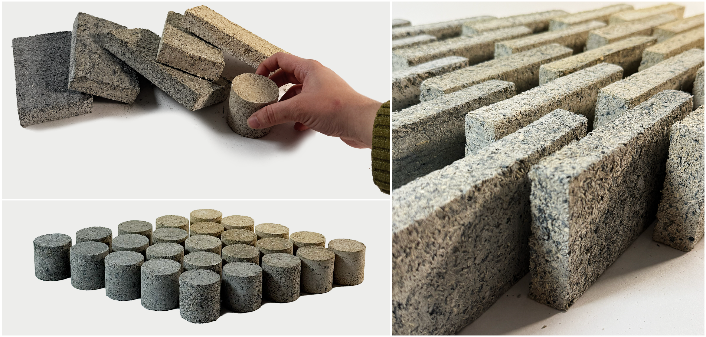 These samples were created for inston testing using different ratios of clay, lime, biochar, and hemp fibers.