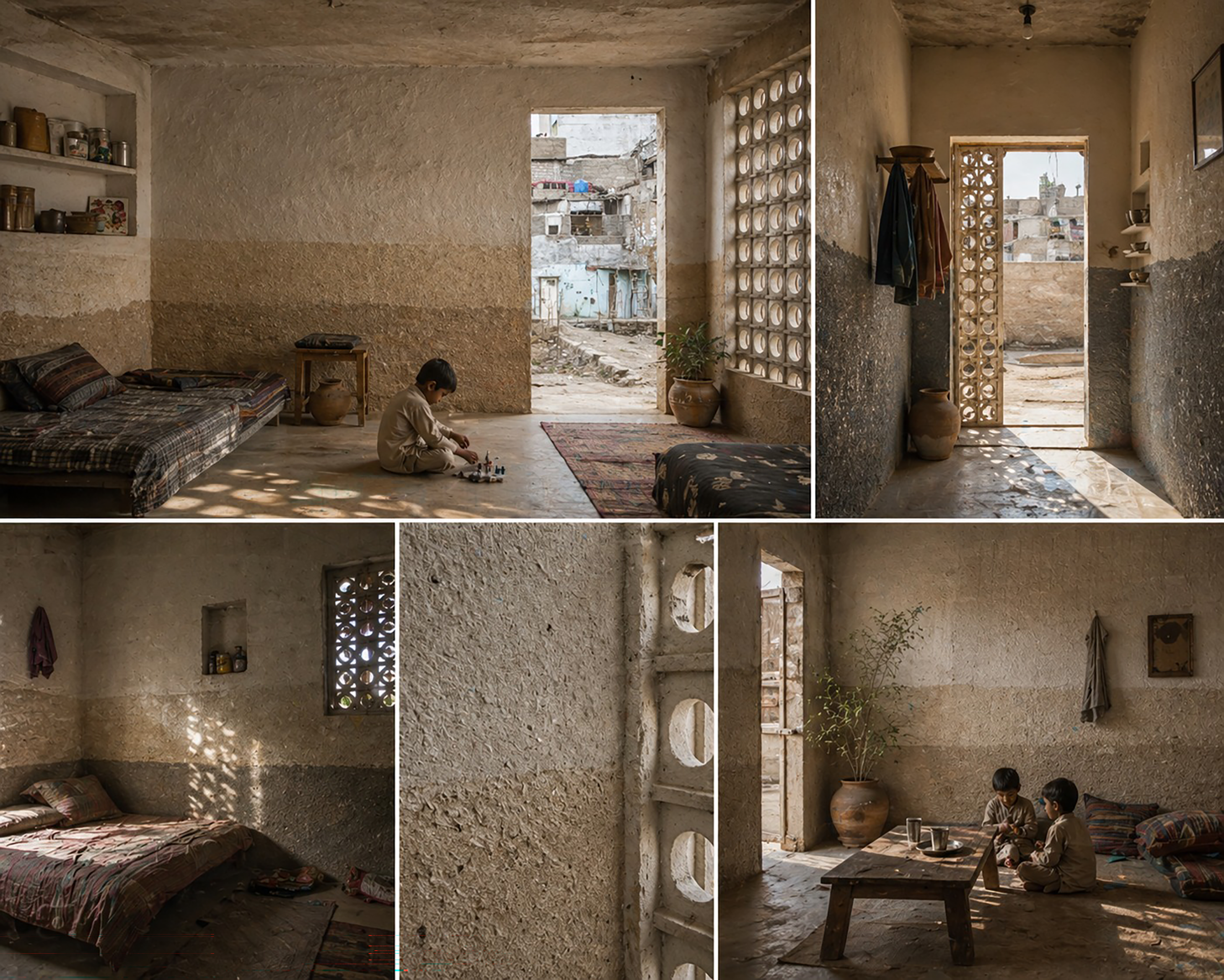 Renders showing the created materials being used in building typologies found in the slums of Karachi, Pakistan.