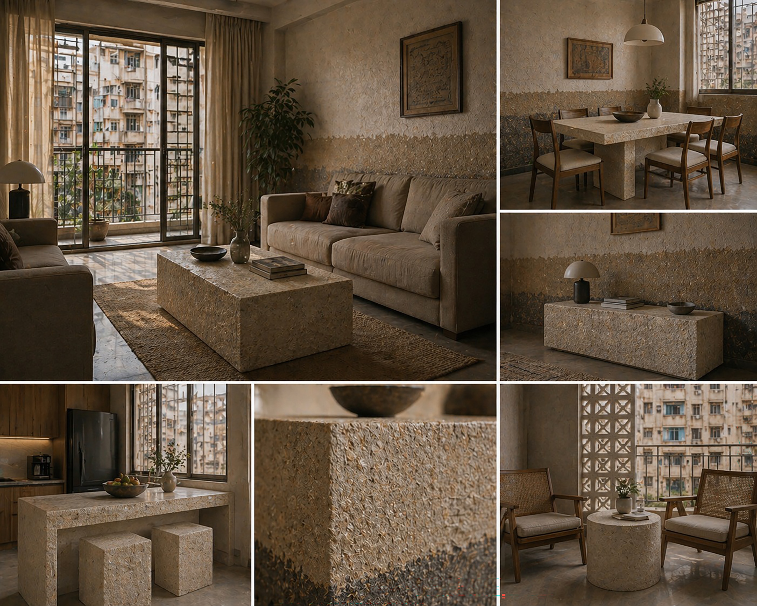Renders showing the created materials being used in building typologies found in working-class neighborhoods in Karachi, Pakistan. 