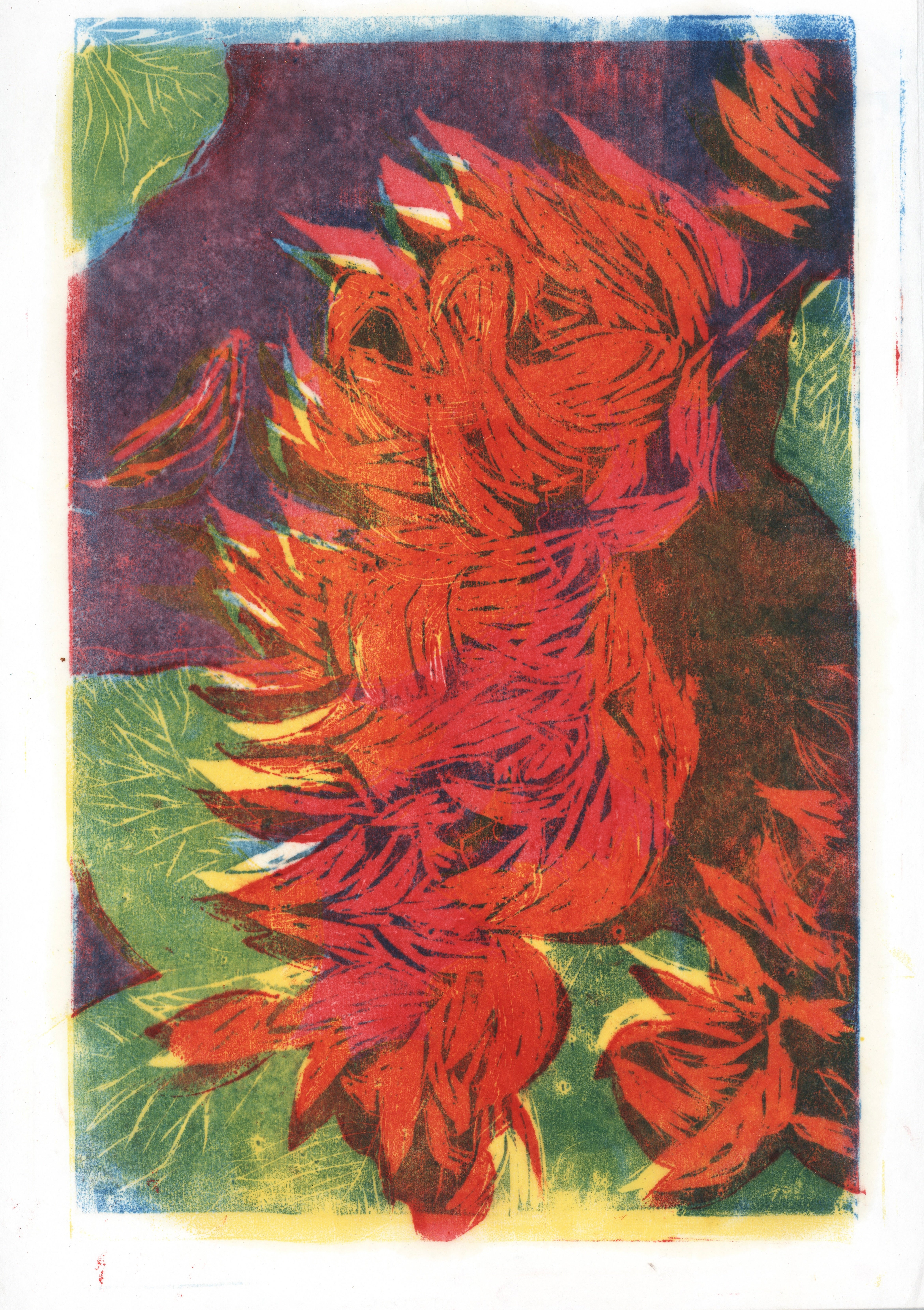 A large print in deep reds, burgundies, greens, and gold on cream paper. A central form of the Flame of the Forest tree rises vertically, visualised as a mass of feathers or flames or leaves caught mid-dissolution.