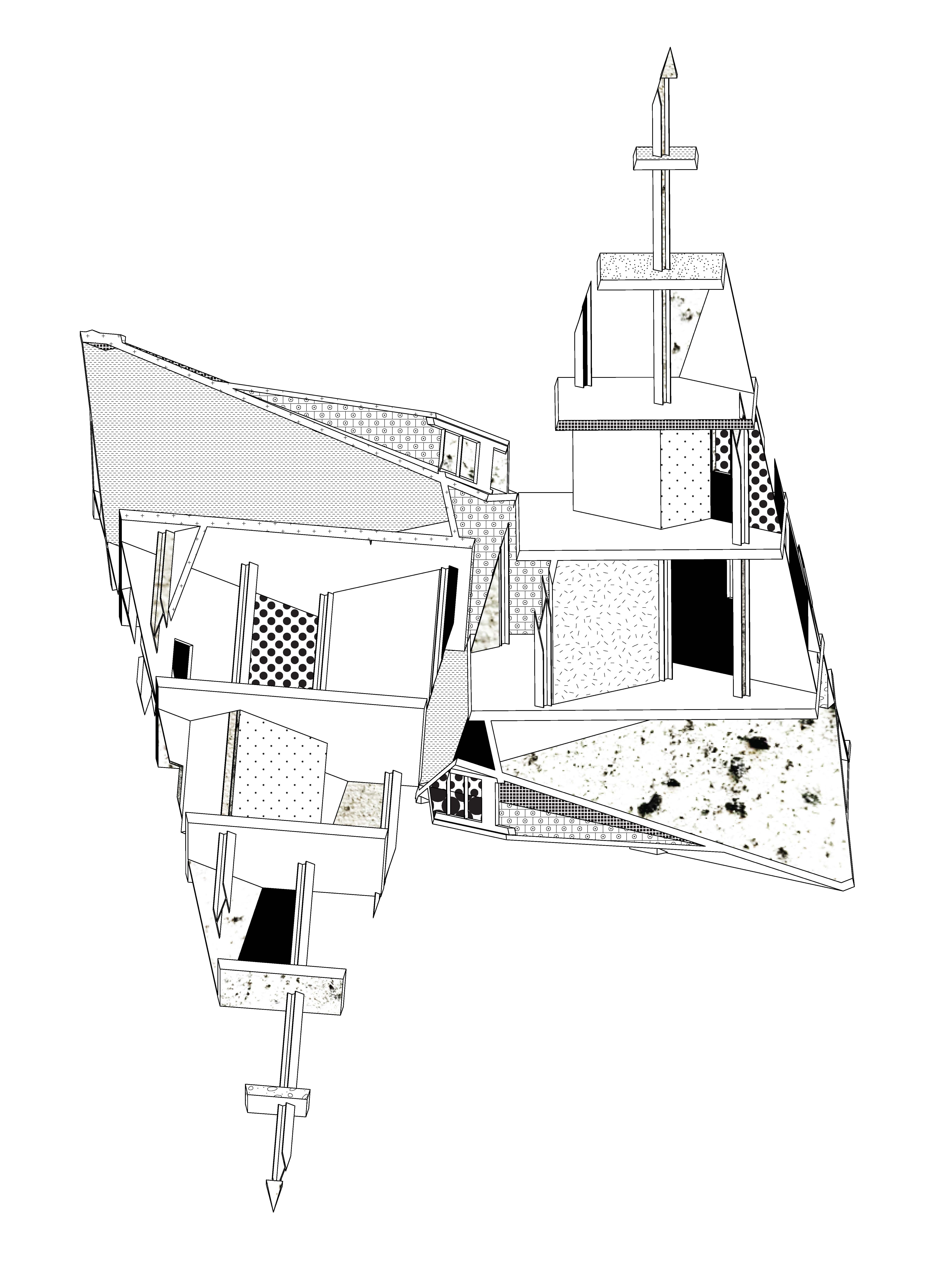 Axonometric architectural section drawing of a fragmented building core with patterned hatches and scattered dust textures. Conventional distinctions between solid and empty space are disrupted as debris-like marks occupy selective surfaces and structural elements.