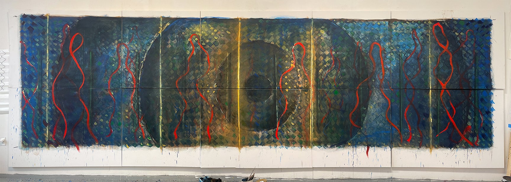 Wide multi-panel abstract painting with a dark blue-green field, red looping vertical lines, gold seams, a shadowy central oval, and a white border band with drips.