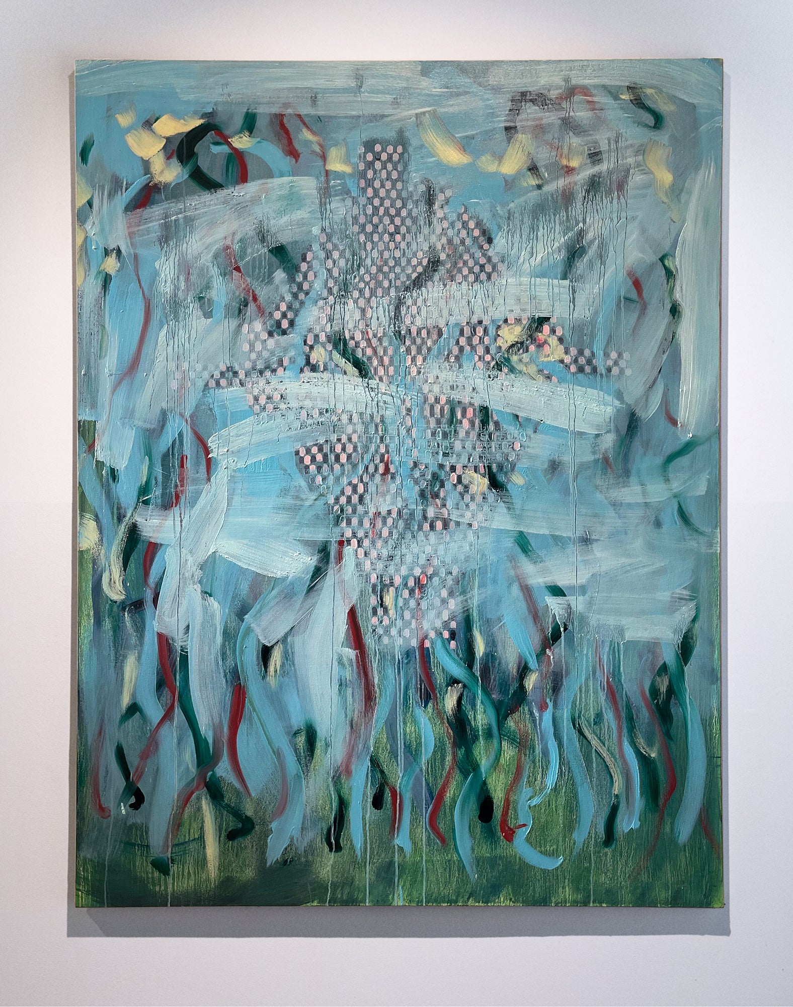 Blue-green abstract painting with broad pale brushstrokes, red and green looping lines, a dotted central form, vertical drips, and darker green along the bottom.