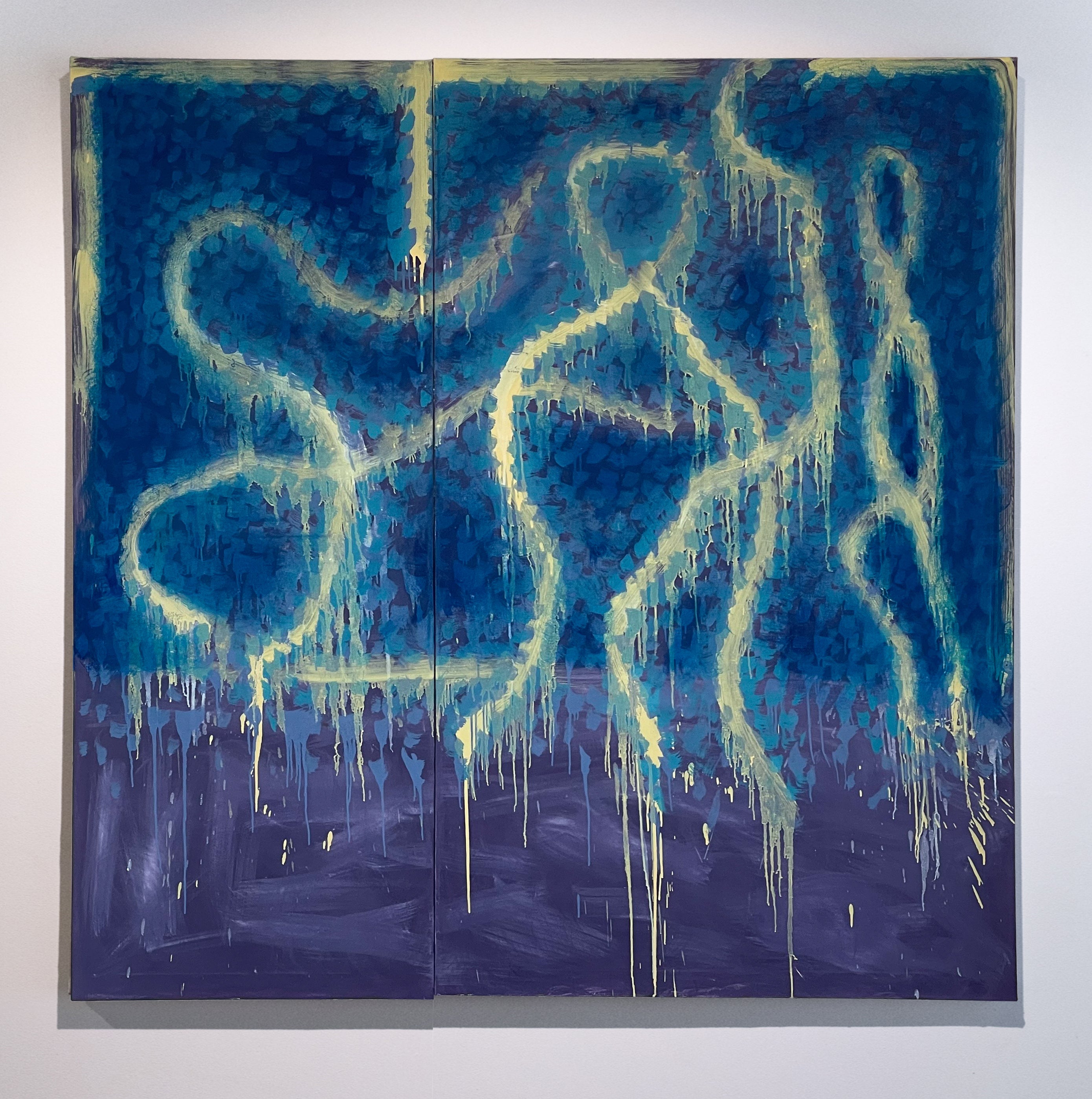 Two-panel blue abstract painting with pale yellow looping lines, heavy vertical drips, a dark teal upper field, and a deep purple lower band.