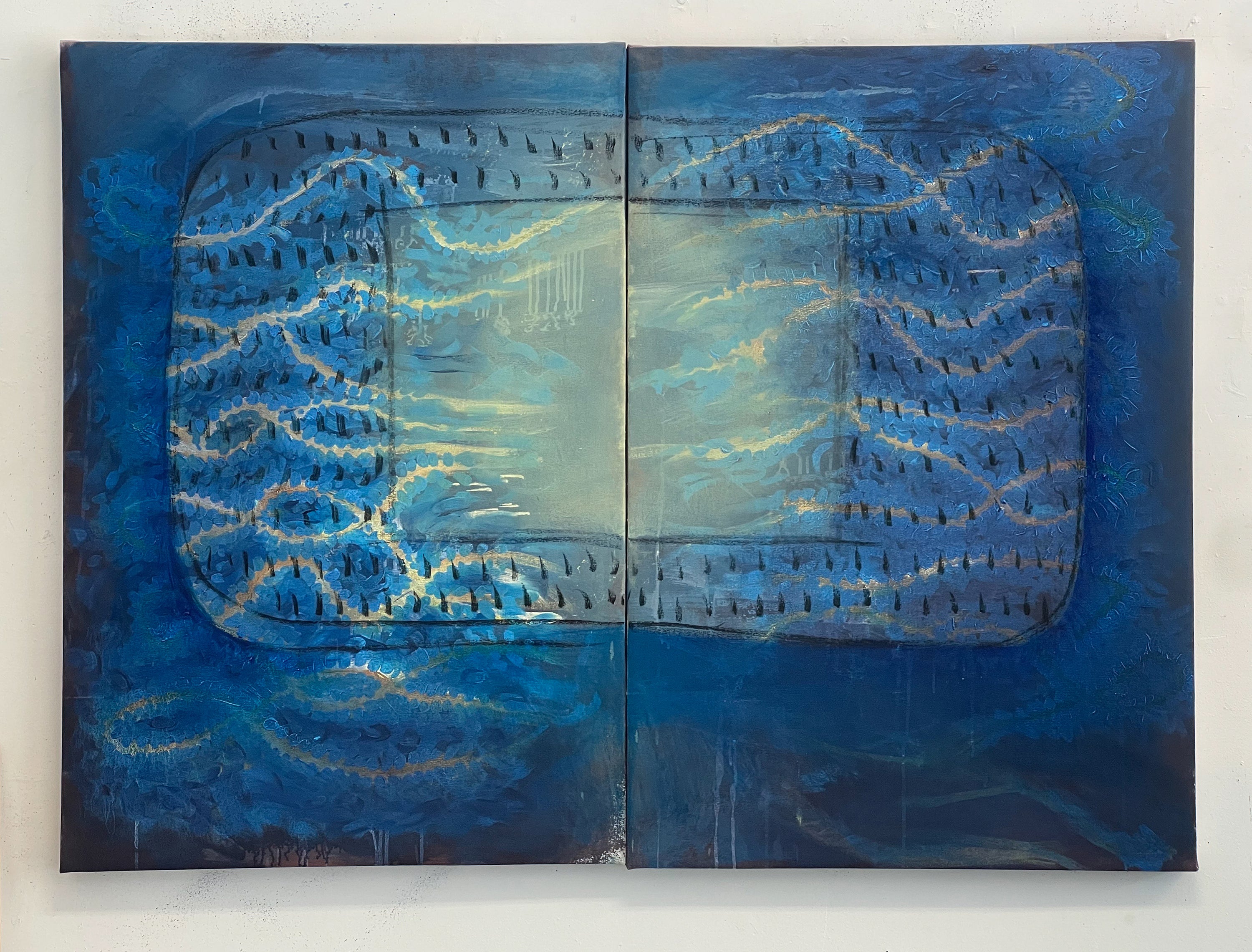 Two-panel blue abstract painting with a pale central rectangle, rounded dark border, looping gold and blue lines, black dash marks, and subtle vertical drips.