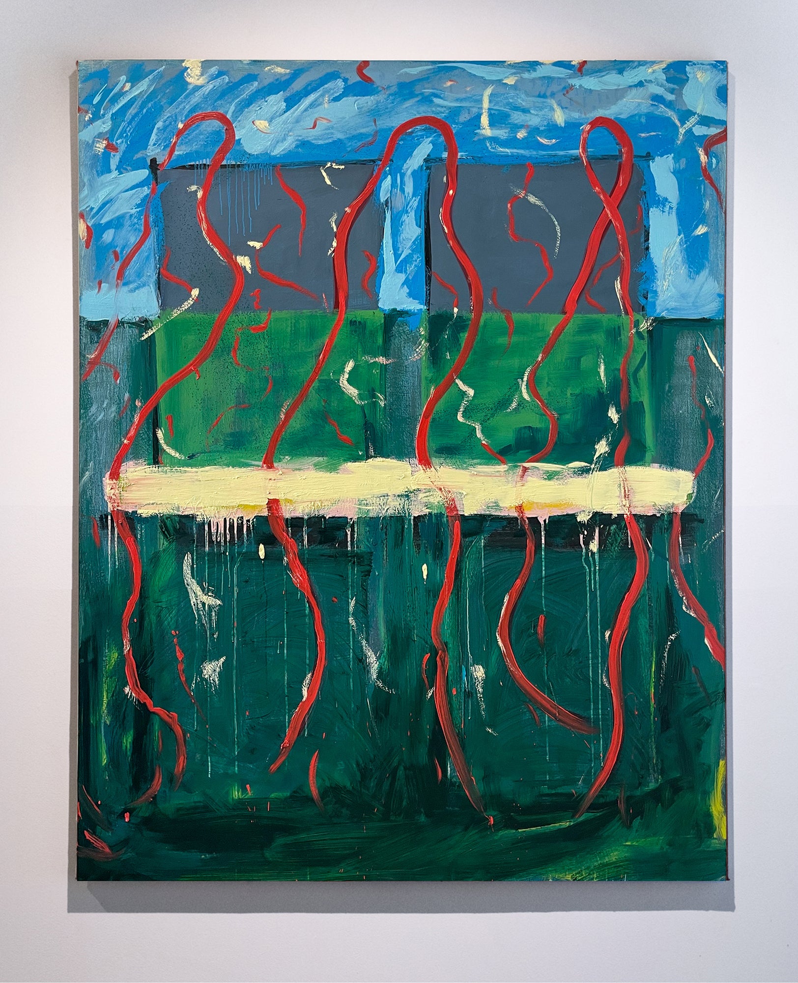 Abstract painting with dark green lower fields, a blue upper band, pale yellow horizontal stripe, gray window-like blocks, red looping lines, pale yellow marks, and drips.