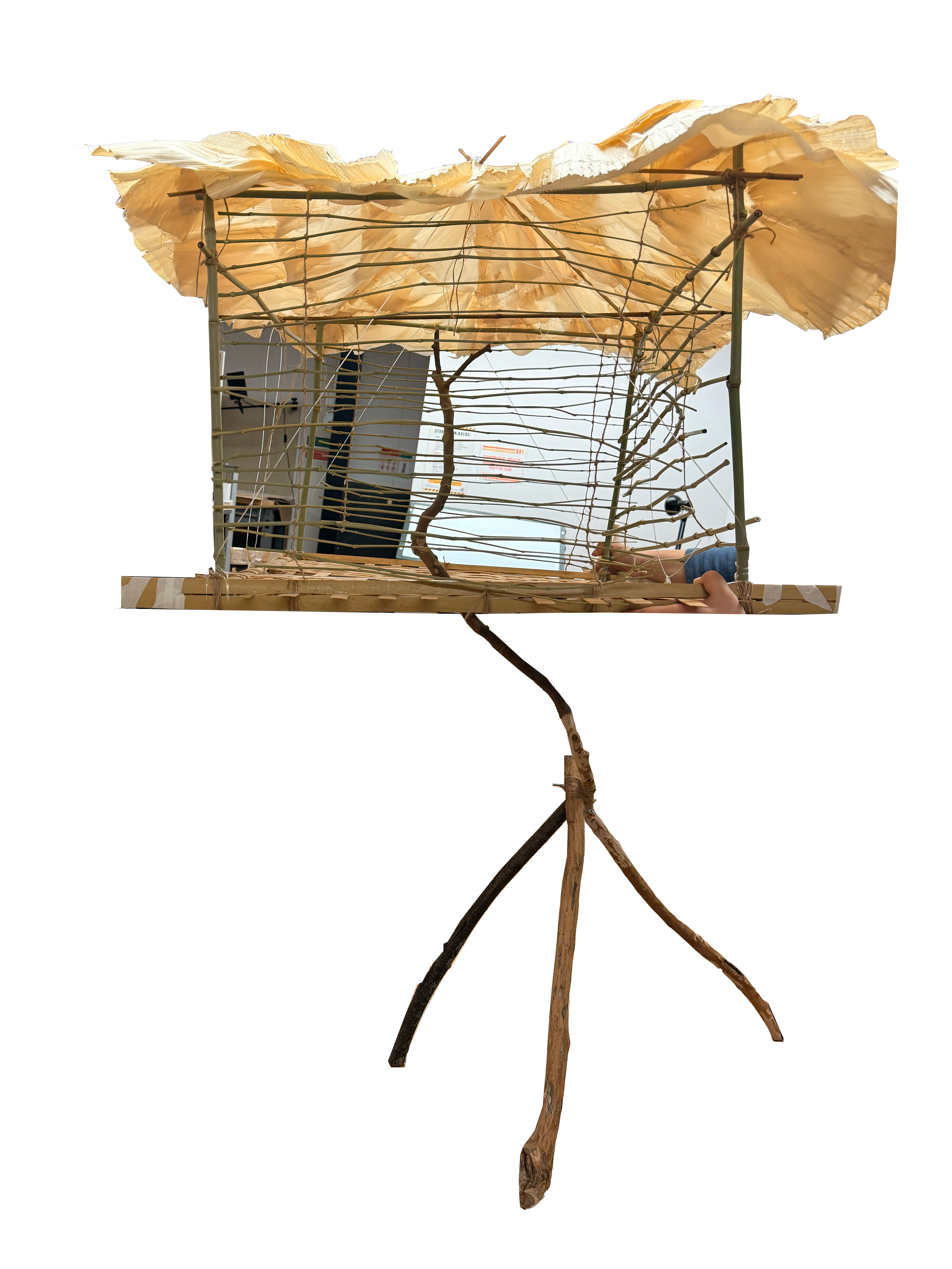 It is a cube-like home made with woven bamboo strips, fresh bamboo poles, corn husks sewed onto leftover printmaking translucent fabric and linen cords. It will be hung from the ceiling to allow the perch to pass through the middle of its bottom surface.