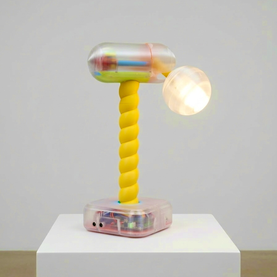 " A kinetic lamp with a twisted yellow stem, a frosted glowing bulb, and a translucent base revealing internal electronics."