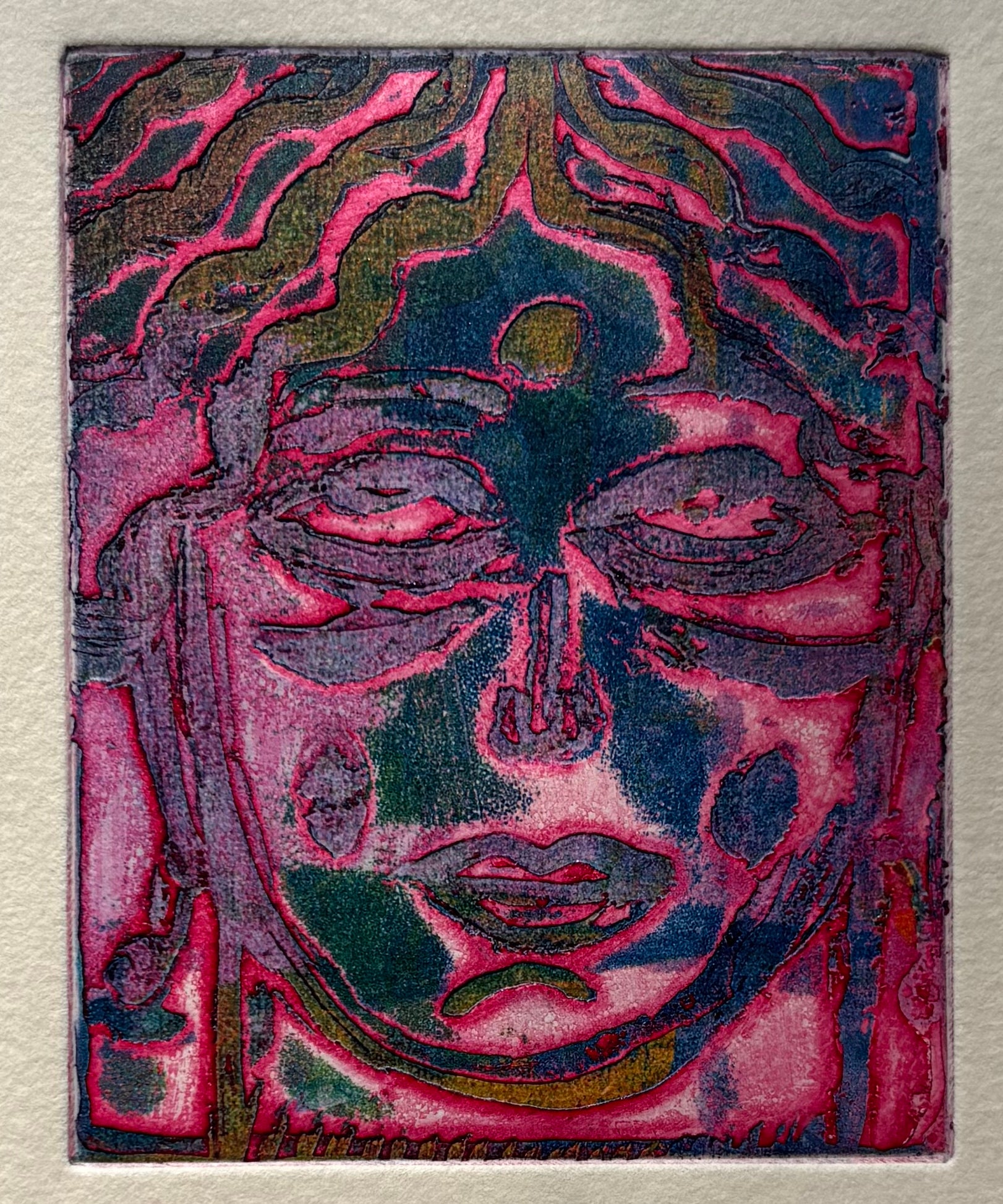 This work is part of a series of 100 plates etched and printed using viscosity technique.