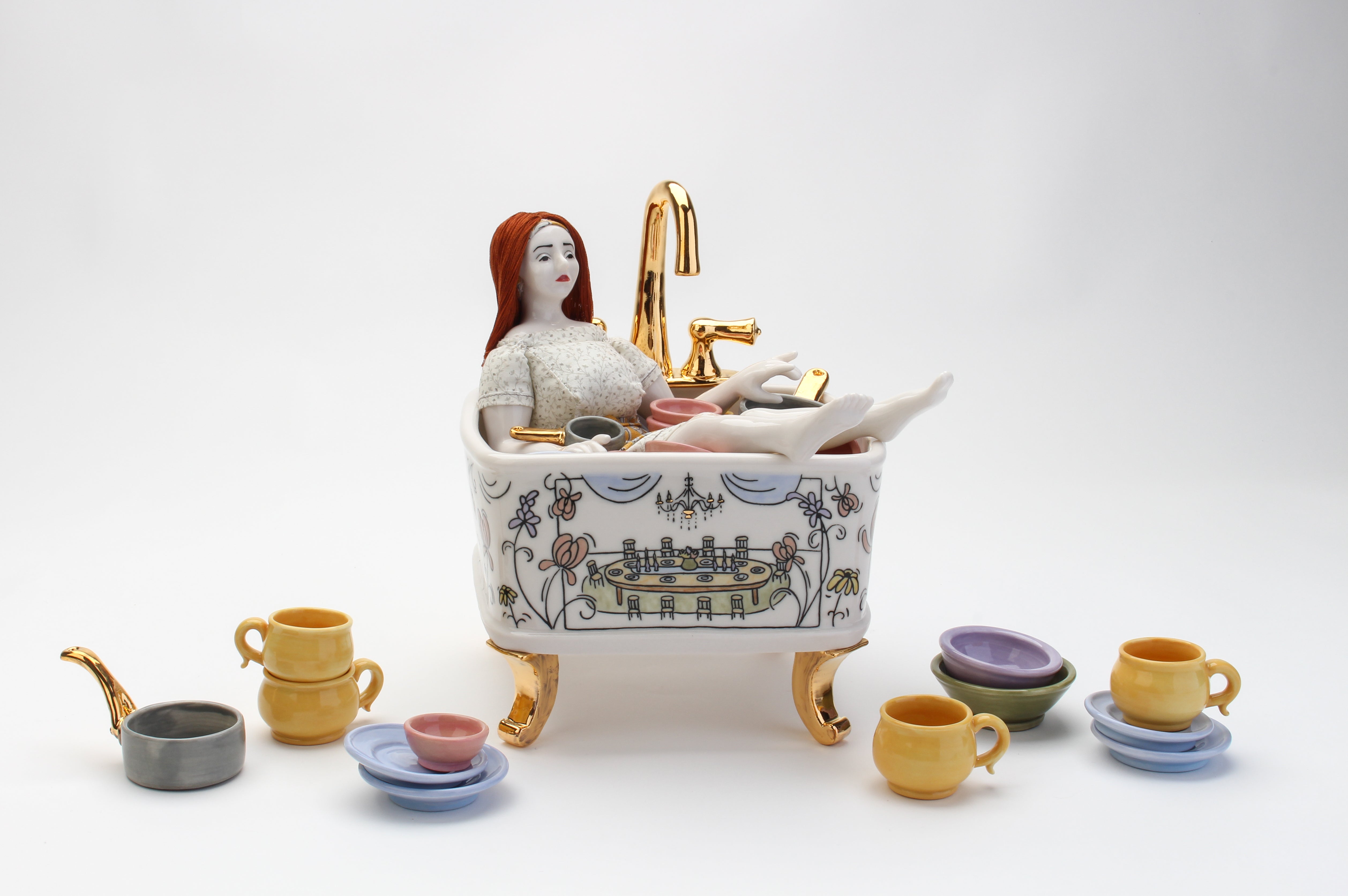 a sad doll sitting in a sink filled with colorful dishes, illustrated with a dining room scene and floral decoration