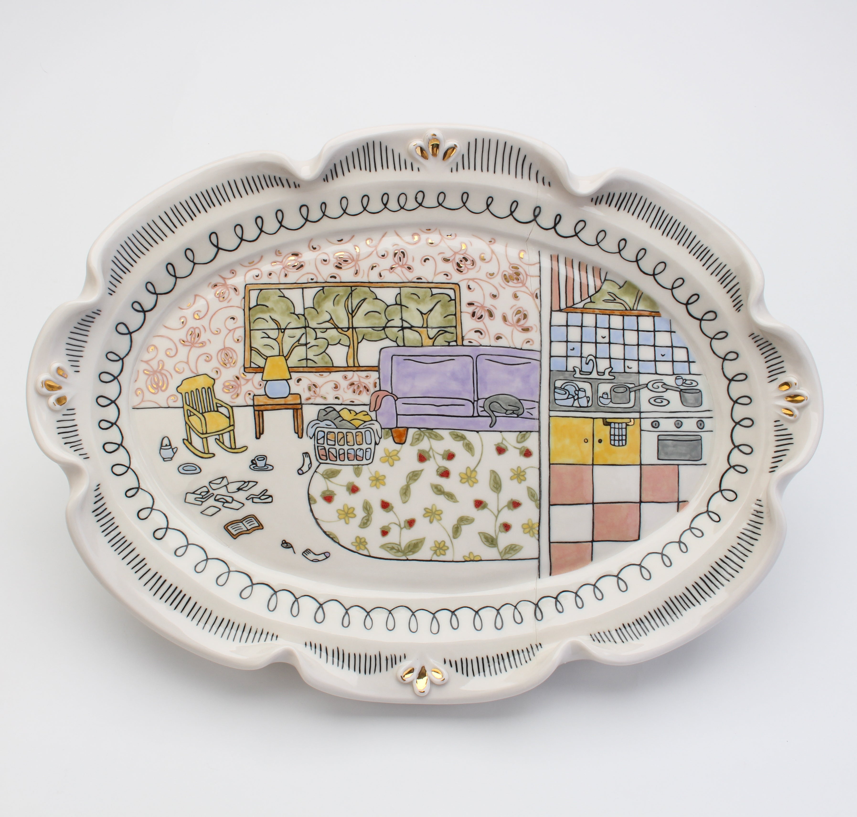 A white platter illustrated with colorful, cluttered domestic interior scenes 