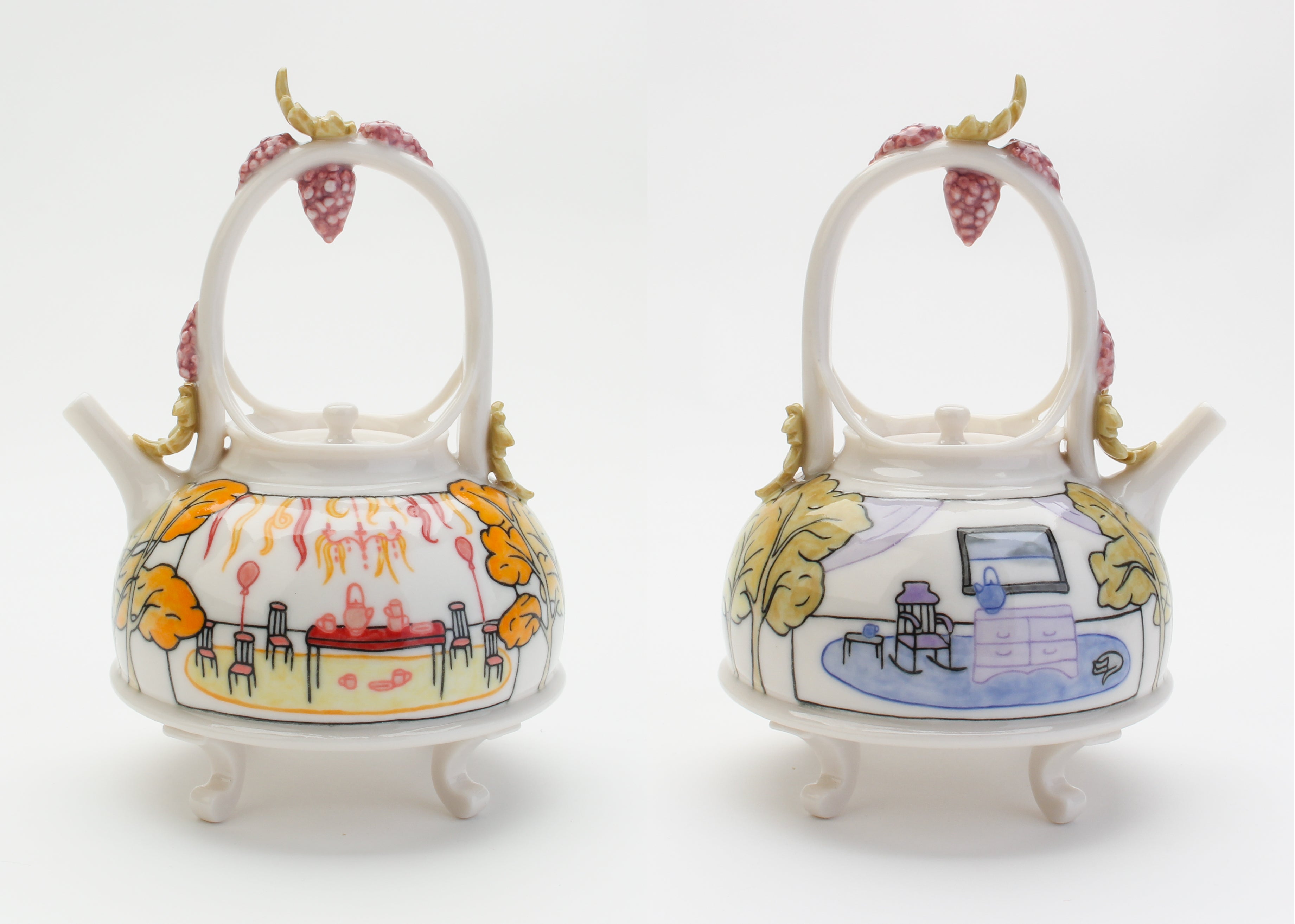 a teapot showing an illustration of the setup for a tea party and on the other side a single chair in a room with tea for one
