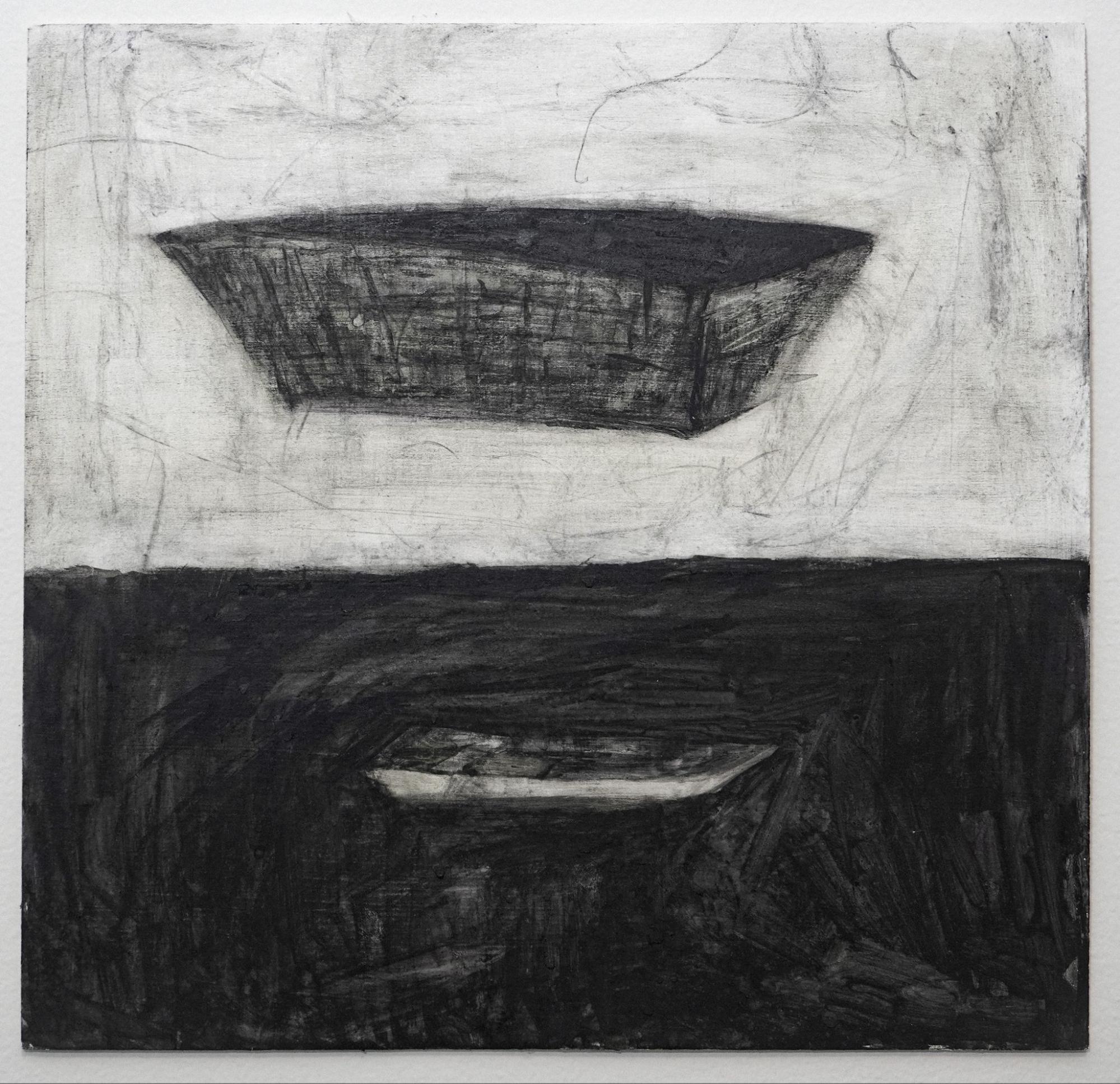 Charcoal drawing of a boat suspended above and reflected in dark water, divided by a horizontal line